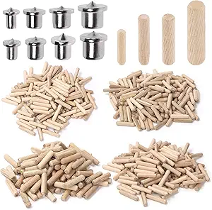 Swpeet 505Pcs 4 Sizes 1/4" 5/16" 3/8" 1/2" Wooden Dowel Pins Straight Grooved Pins with Center Point Cylinder Wood Dowels Assortment Kit, Dowel and Tenon Center Transfer Plugs Point for Furniture