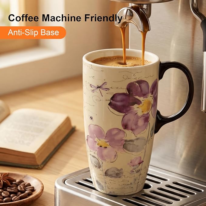 Taza de viaje de cerámica Topadorn 17 oz con tapa y caja (Flor púrpura) miniatura 4