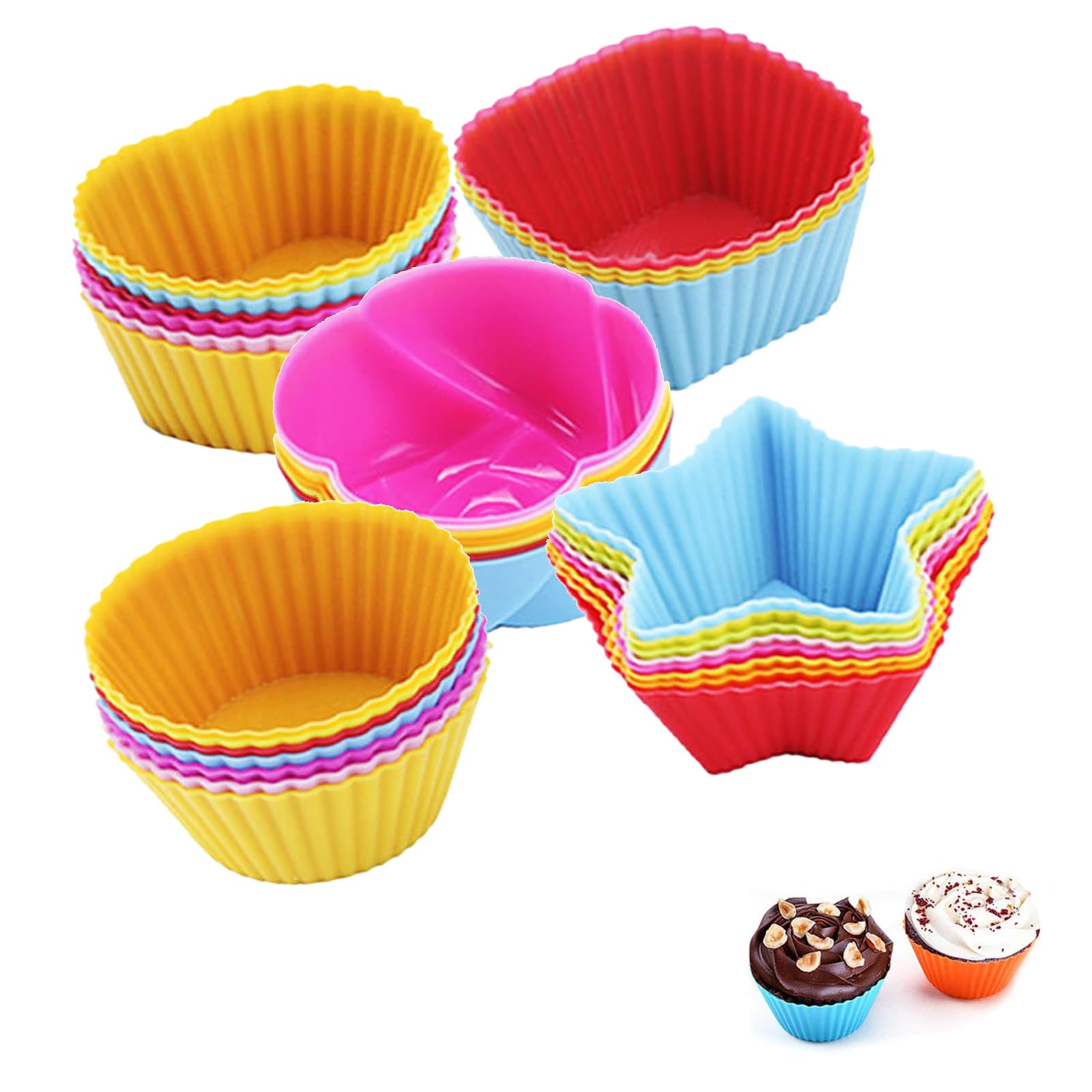 – 30-Pack Reusable Silicone Cupcake Liners, Suitable for Oven, Microwave, Freezer, Dishwasher Safe, 5 Styles, Holiday Party Baking, Christmas, Halloween Treats（Random color）