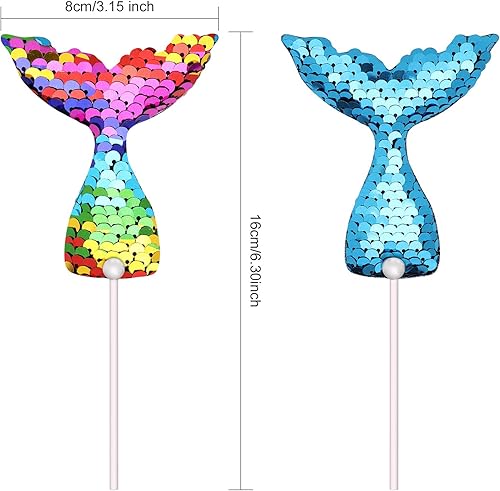 Miniatura 2 de 14 piezas de decoración de cupcakes con cola de sirena, pequeñas y reversibles con lentejuelas, para decoración de pasteles de cumpleaños, palillos