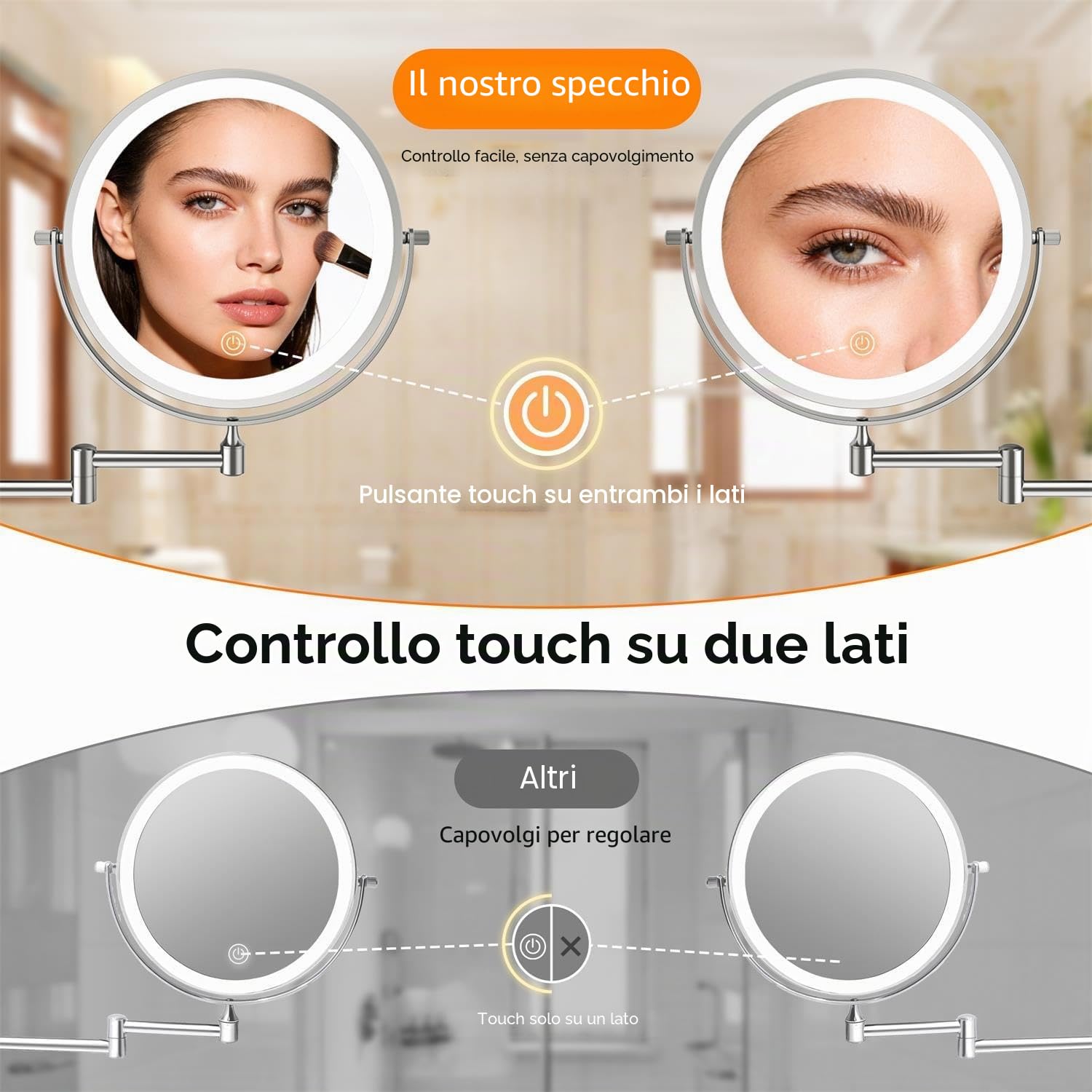 Auxmir Specchio Trucco con Ingrandimento 30X/1X, Specchio da Parete a 54 LED 3 Colori di Luce, Specchio Estensibile, Rotazione a 360°, Alimentato da Batterie Ricaricabile 3200mAh, per Bagno Hotel Spa
