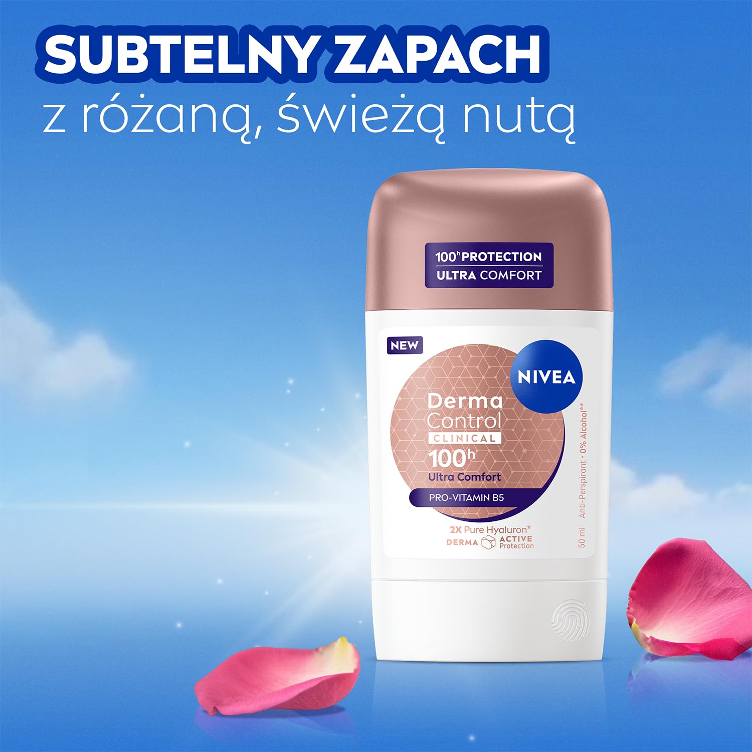 NIVEA Derma Control Clinical Ultra Comfort Antyperspirant w sztyfcie – 100h ochrony, kwas hialuronowy, pantenol (B5), ochrona przed podrażnieniami 50 ml