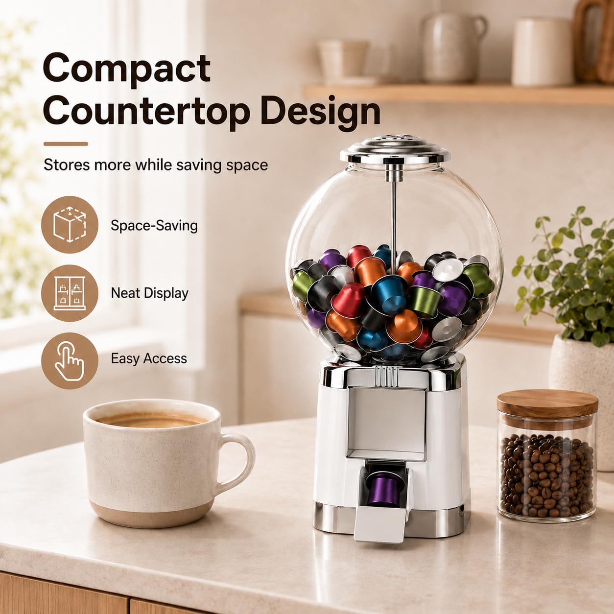 Dispensador Manual de cápsulas de café para mostrador y Zona común | El selector regulable guía diferentes formatos compatibles hacia la salida inferior durante la rotación completa del mando.