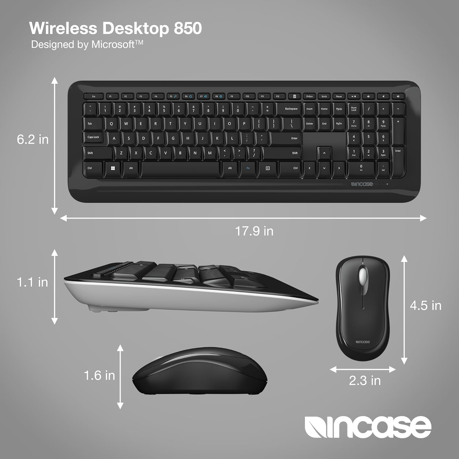 Incase Desktop 850 Keyboard & Mouse Combo – Designed by Microsoft –Wireless Connection, Precision Tracking, Wireless AES 128-Bit Encryption, Windows Shortcut Keys, Ambidextrous Design – Black