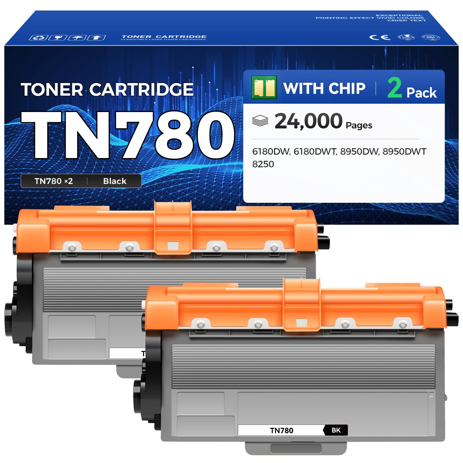 TN780 Toner Cartridge Black 2-Pack High Yield Replacement for Brother TN-780 TN-750 Toner Compatible with Brother HL-5450DN HL-5470DW HL-6180DW MFC-8710DW MFC-8910DW MFC-8950DW DCP-8150DN Printer Ink