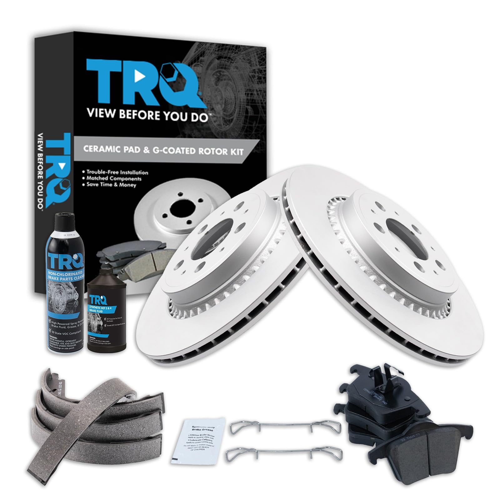 TRQ Rear Brake Pad &amp; Rotor Kit, with Chemical Kit Parking Brake Shoe Set Ceramic Premium G-Coated Compatible with 2008-2014 Volvo XC90