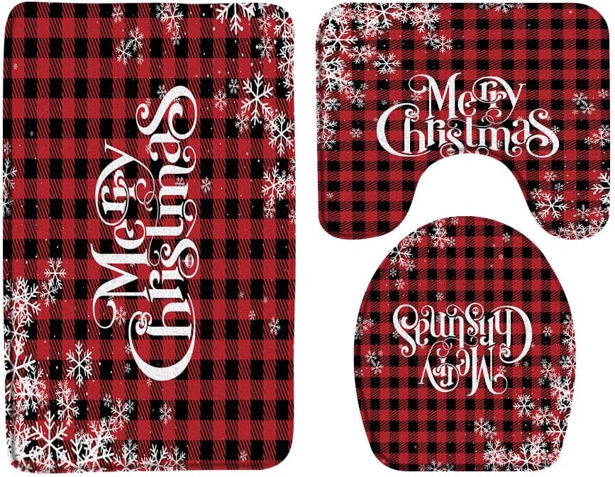 Sunhe 3 Piece Christmas Bath Mat Sets The Nutcracker Red Xmas Ball Birds Berry Pine Branch Snowy Winter Holiday Merry Christmas Bathroom Rug, Toilet Seat Cover, U-Shaped Floor Mat