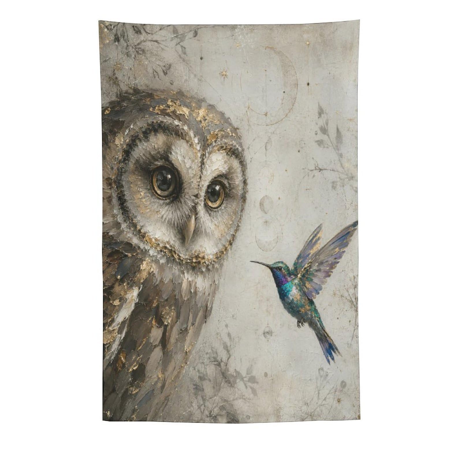 H3B8U2Y5 Owl and Hummingbird Wall Tapestry, Realistic Illustration