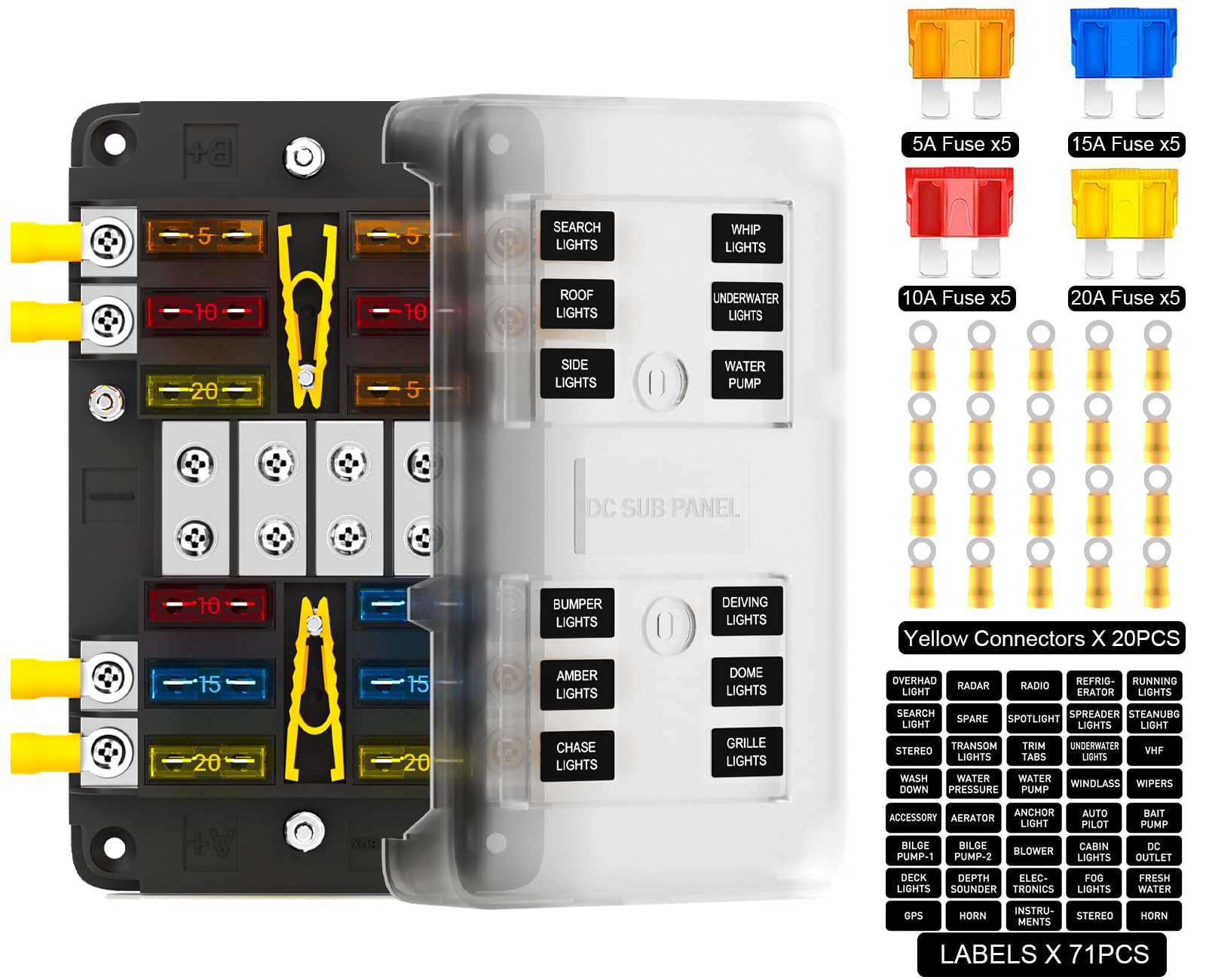 PSEQT 8 Way Circuit Fuse Block with Positive and Negative Bus Bar 12V 24V Blade Holder ATC/ATO Standard Fuse Box w/Waterproof Cover for Trailer Truck