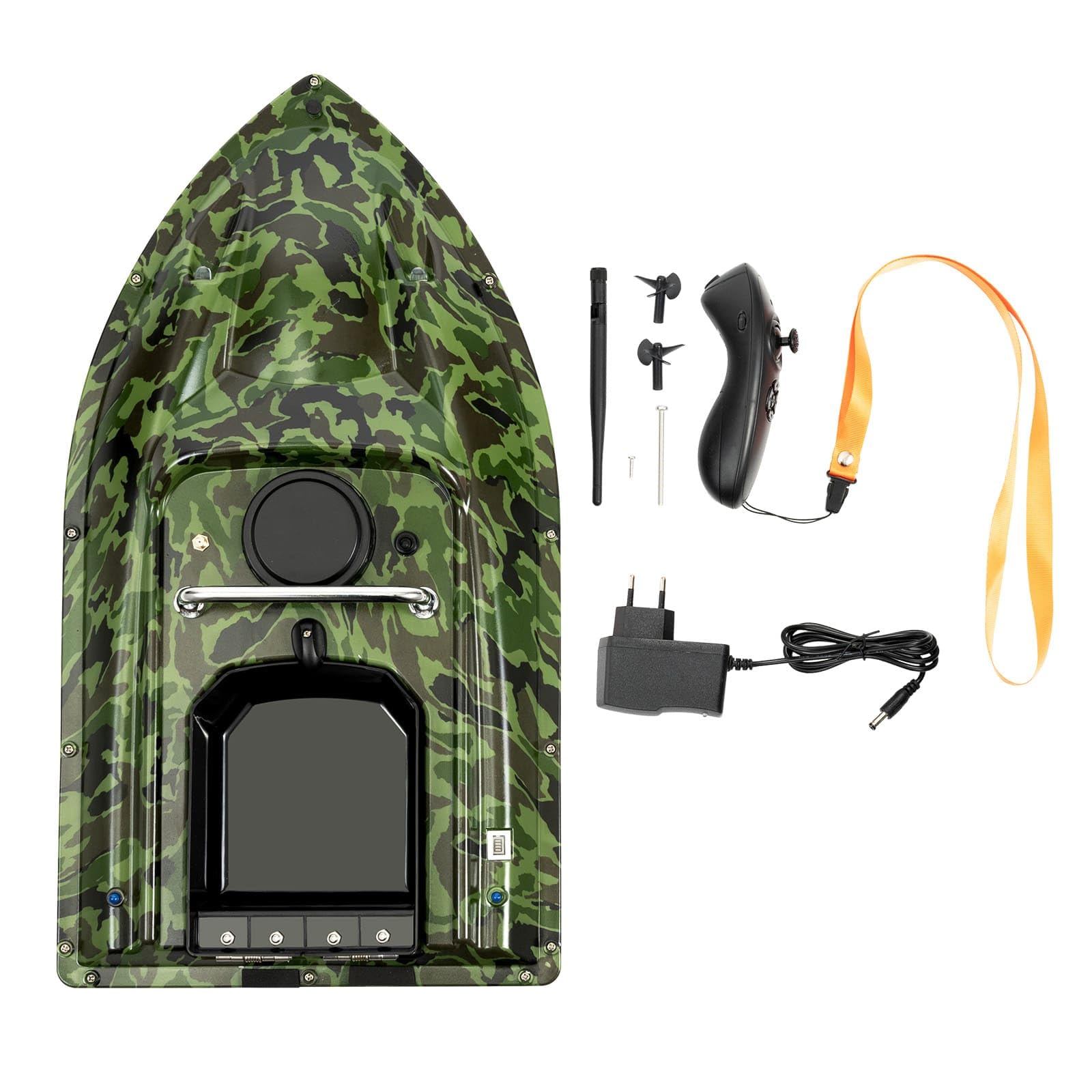 Barca da esca, Barca da esca telecomandata 500M, Doppio motore, Crociera automatica, Batteria 5200mAh, Luci LED, Ideale per pesca in lago/fiume (Mimetica)