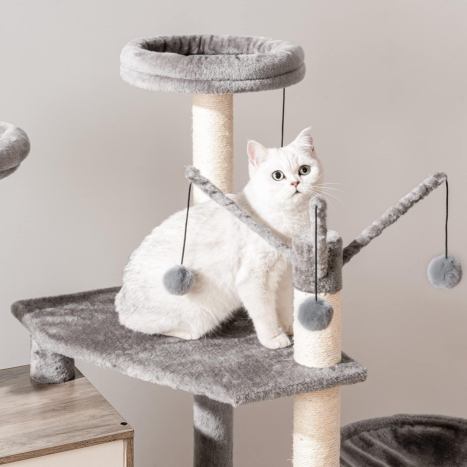 HOOBRO Kratzbaum mit katzenklo Schrank, katzenbaumTurm, All-in-One-Katzenmöbel für drinnen, versteckte Katzentoilettenmöbel, 132 cm, Abnehmbare Plüschball-Stangen, Greige EBG14MZ03
