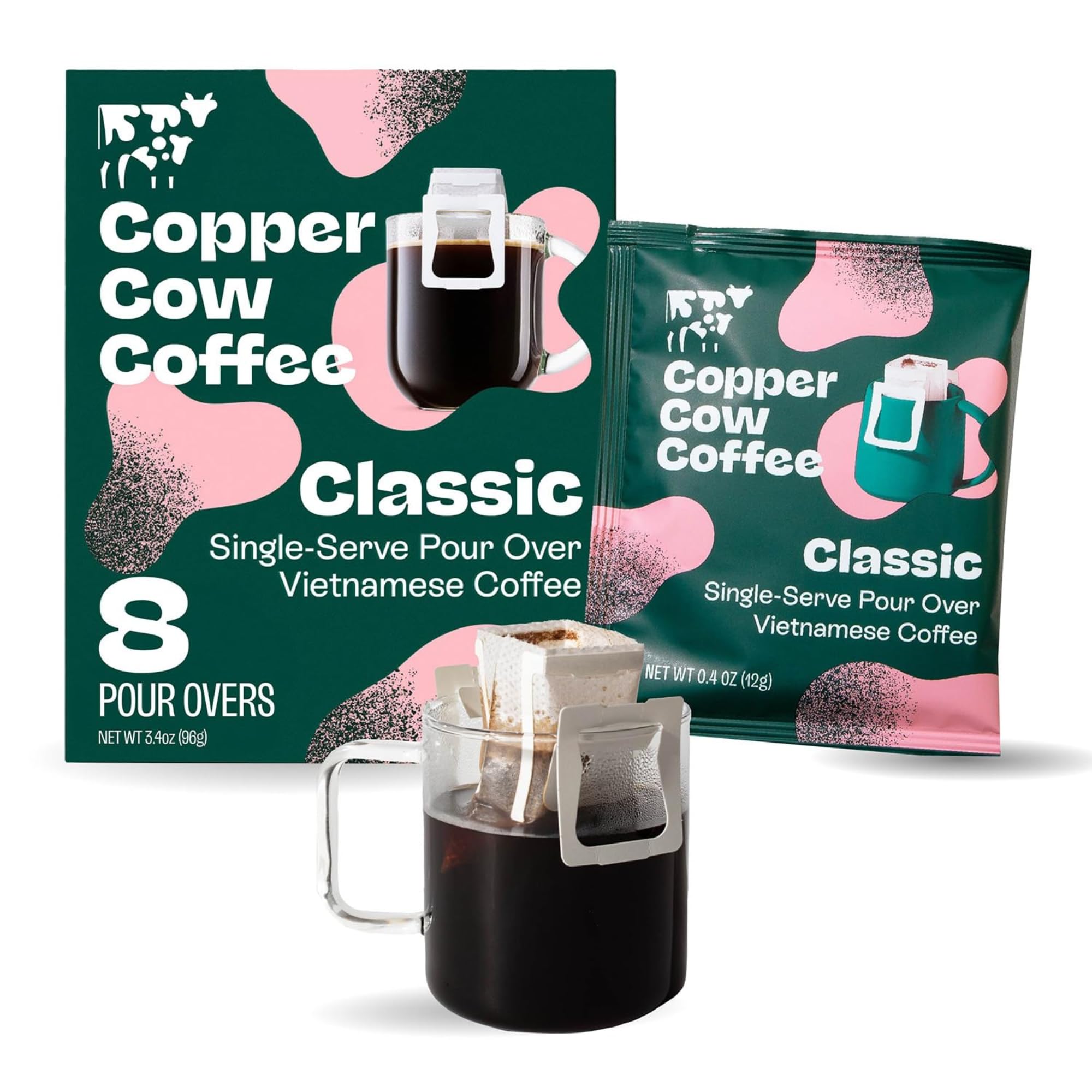Copper Cow Coffee Premium Pour Over Single-Serve Vietnamese Coffee Pouches (8 pack) | Classic Black | Dark Roast | Convenient Vietnamese Ground Coffee Packets, Travel Friendly