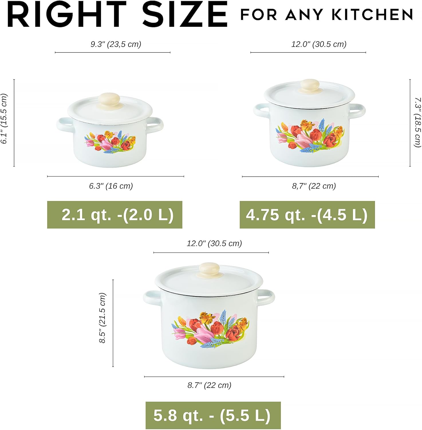 Enamel Pot with Lid Set of 3 pcs 2.1 Qt, 4.8 Qt, 5.8 Qt Enamel Cooking Pot with Enamel Lid, Soup Pots, Enameled Steel Stockpot, Enamel Casserole Set, Induction Safe, Dishwasher Safe (Spring Bouquet)