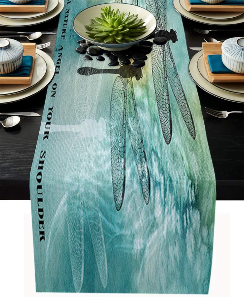 Durable Fabric Table Runner,Dragonfly Printed Quote Love is a Nature Angel on Your Shoulder Washable Linen Table Runners for Home/Kitchen/Dining Table/Indoor & Outdoor Use 13x70Inches