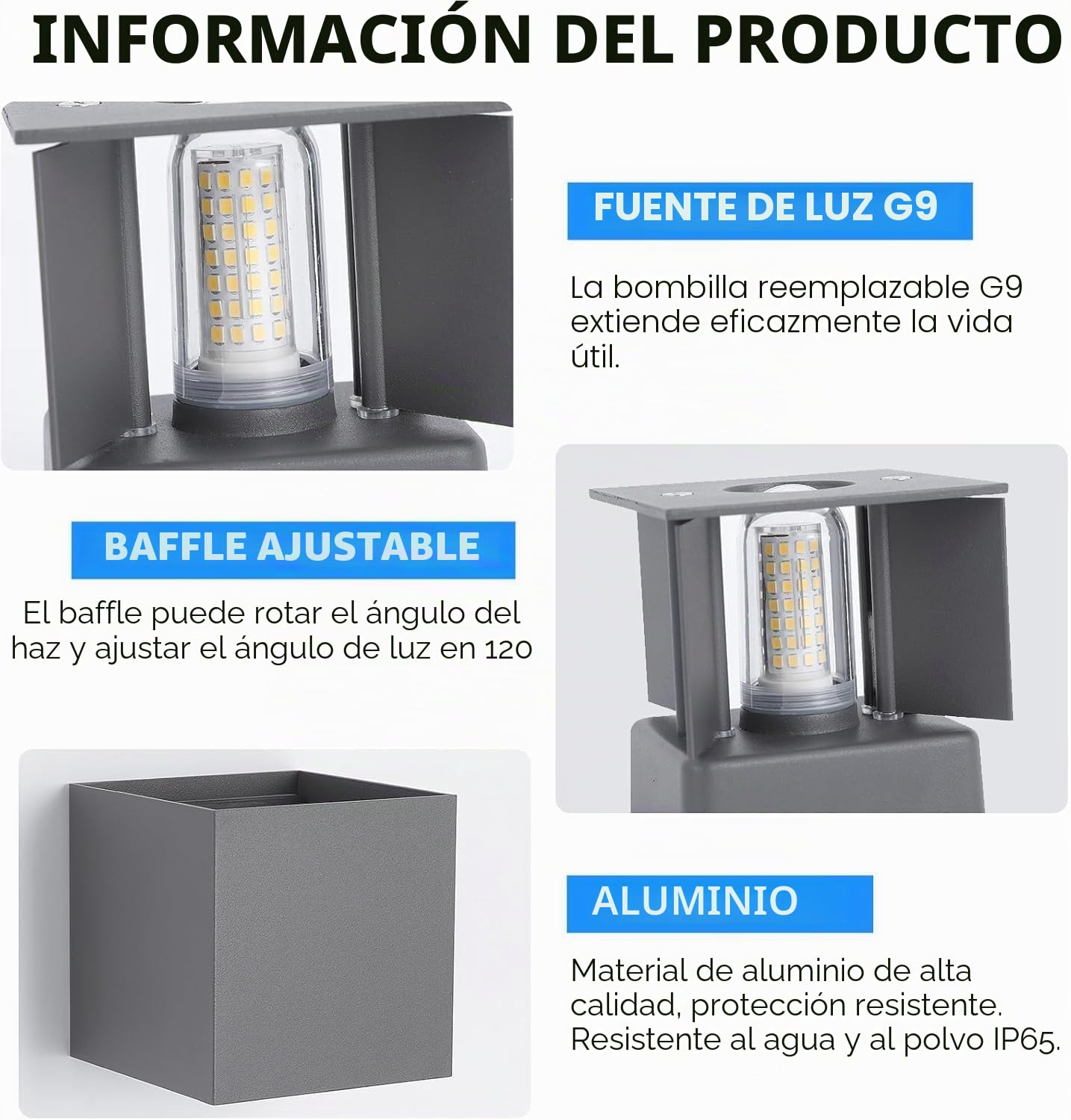 Aplique Pared LED Exterior Interior IP65, 4000K Luz Neutra, G9 Reemplazable, Moderno, de Aluminio, Ángulo Ajustable 120°-4 Piezas gris Oscuro