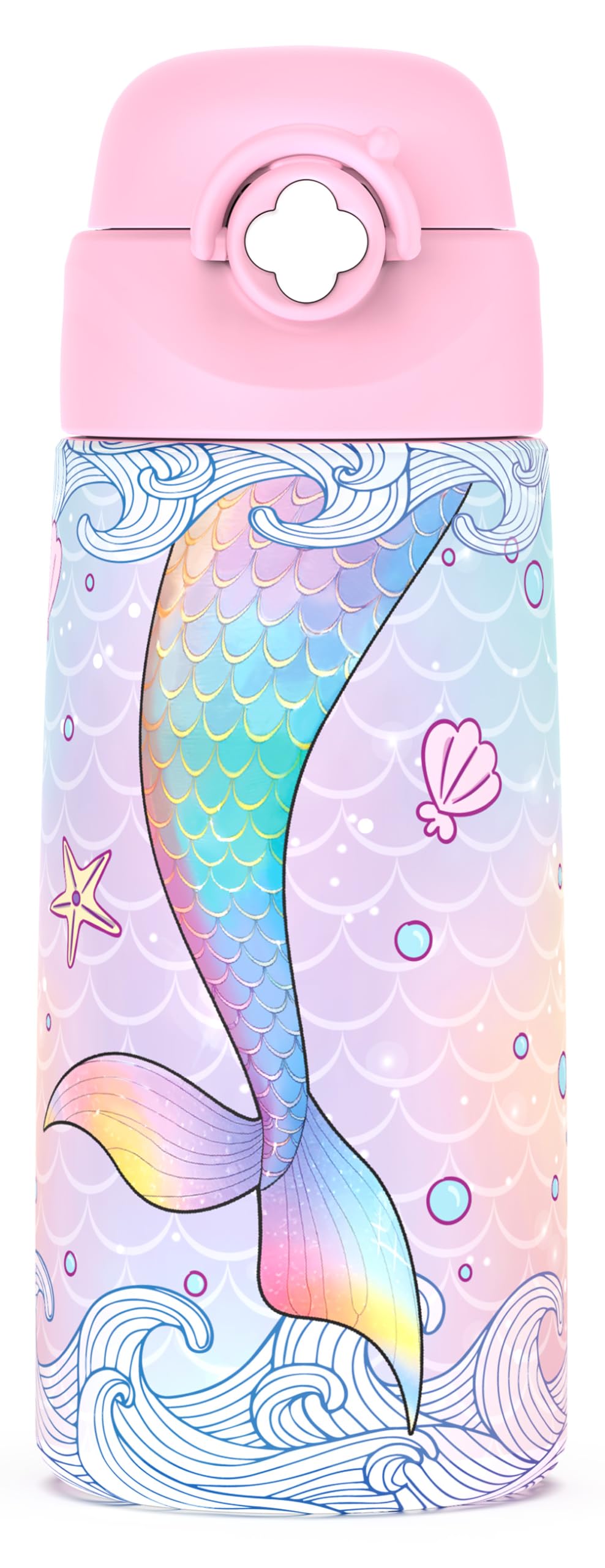 ntskood Girls Mermaid Pink Water Bottle for School,Kids 16 oz Insulated Stainless Steel Cup with Straw, Double-Wall Vacuum Leakproof