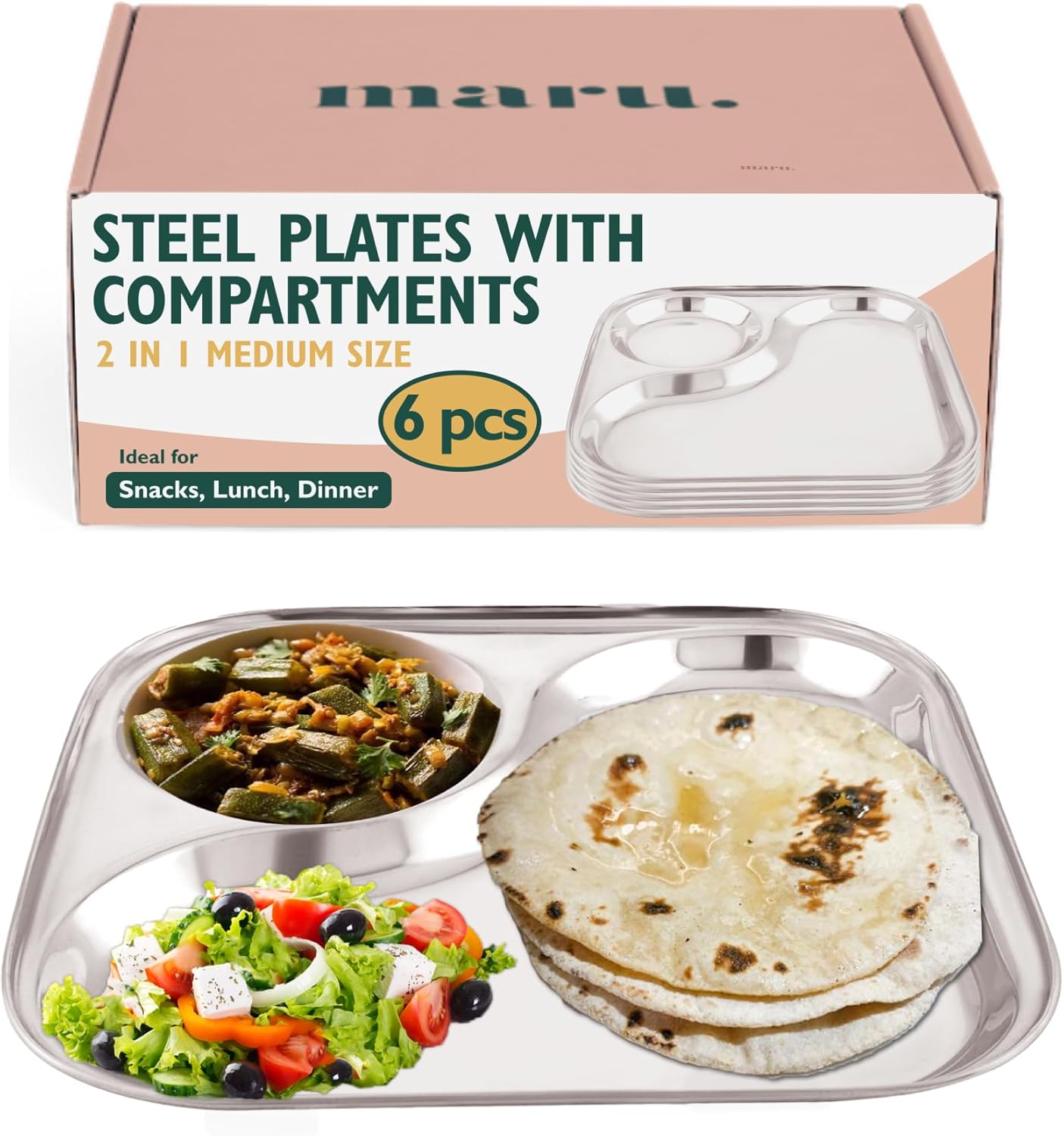 MARU Stainless Steel Dinner Plates with 2in1 Compartment Section Set of 6, Durable & Large Bhojan Thali Plates, Perfect for Breakfast, Lunch & Dinner, Ideal for Serving Indian Meals – Lightweight