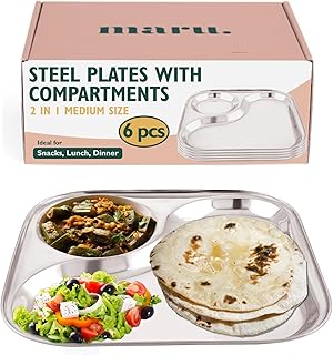 MARU Stainless Steel Dinner Plates with 2in1 Compartment Section Set of ...