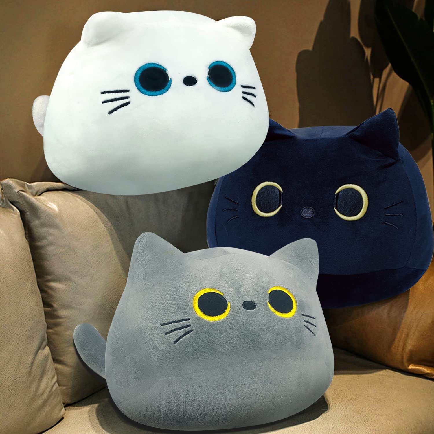 Peluche Cuscino Arredo, Kawaii Gatto Sdraiato Peluche Giocattoli Bambola Giocattolo, Gatto Cartone Animato Cuscino Decorativo, Peluche Ripiene Nero(600g)