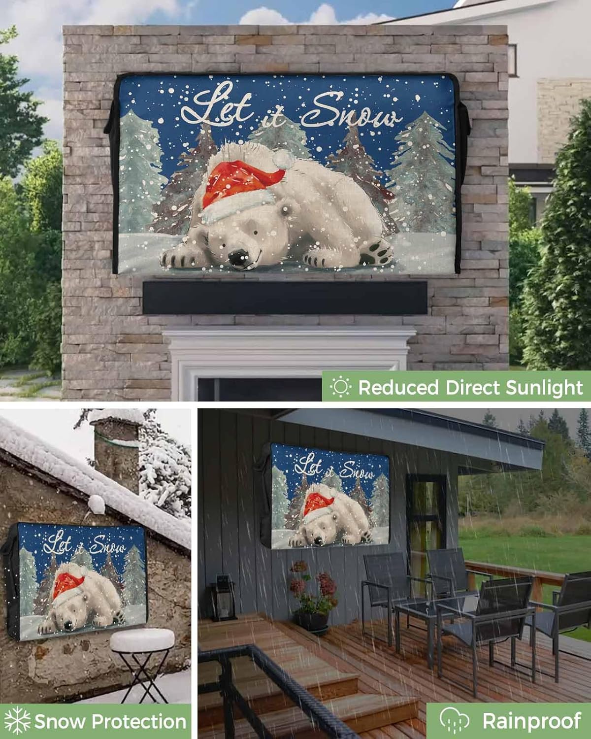 Christmas Bear Outdoor TV Cover 36"-39" - 600D Waterproof TV Cover Weatherproof TV Screen Protector Dustproof Winter Xmas Tree Snow Navy Blue TV Display Protector for Outside Flat Screen TV