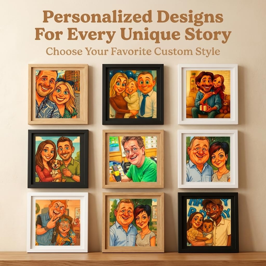 Cadre Photo Cartoon Personnalisé en Bois – Portrait Photo Cartoon avec Nom, Illustration Famille ou Couple, Cadeau Romantique pour Anniversaire, Mariage, Fête ou Décoration Maison