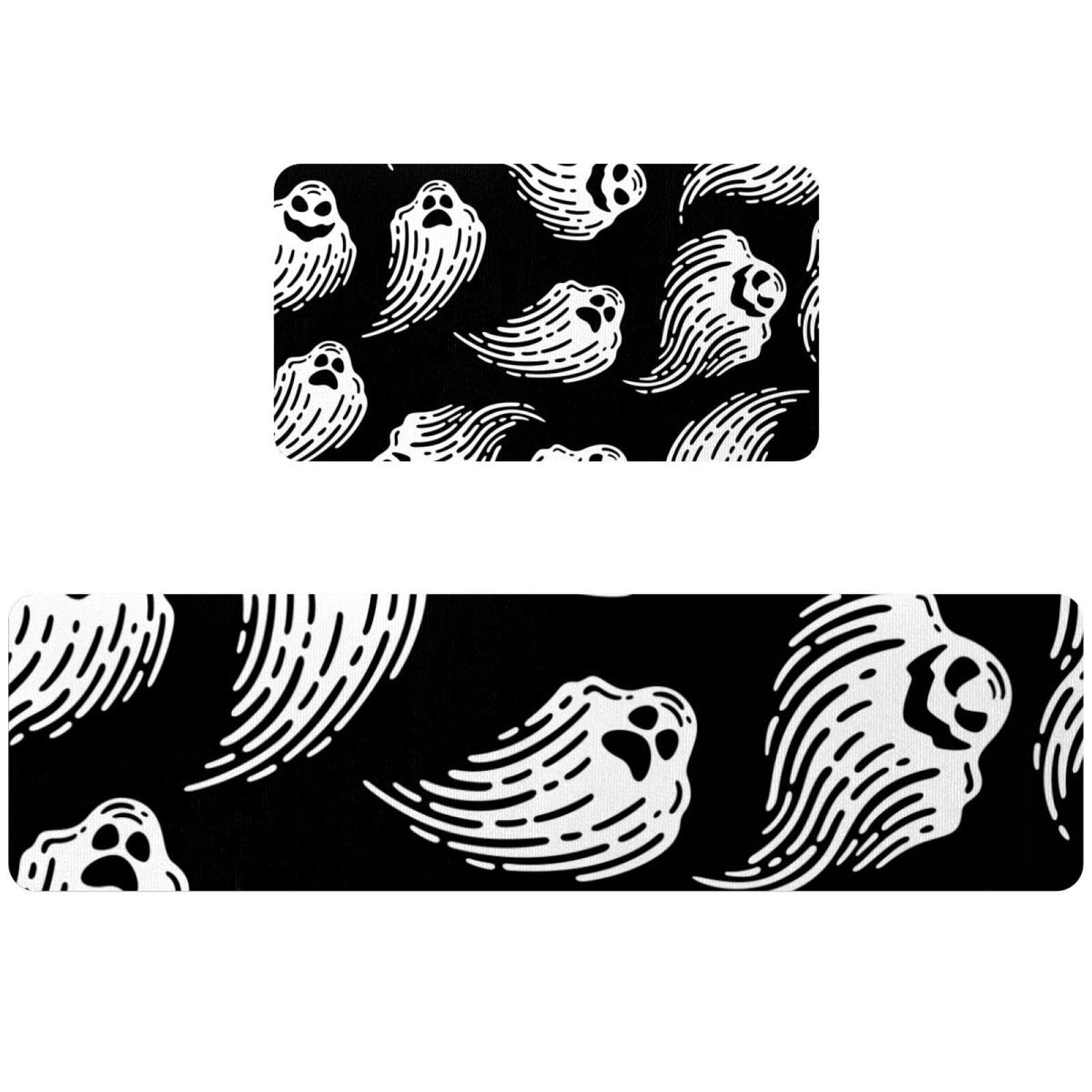 Tapis de cuisine motif fantômes d'Halloween sur fond noir lavable