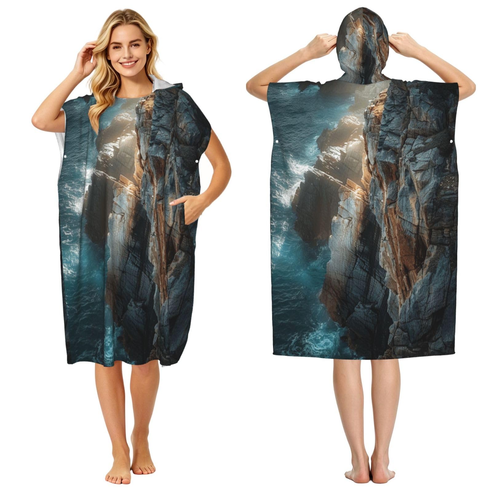 KLGRTJHK Steep Cliff Adult Hooded Beach Poncho Towel 43"X35"
