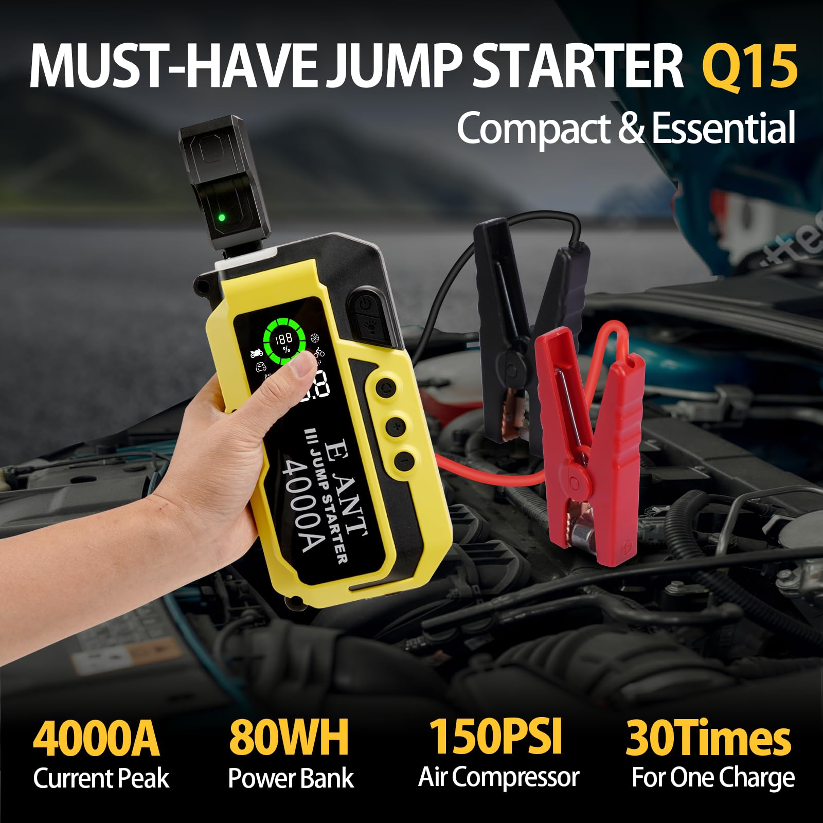 E-Ant EAQ15 Car Jump Starter with Air Compressor (10L Gas/8L Diesel), 4000A Peak Lithium 12v Auto Battery Jump Pack, Power Bank USB QC3.0, Portable Battery Booster Pack Jumper Box Tire inflator 150PSI