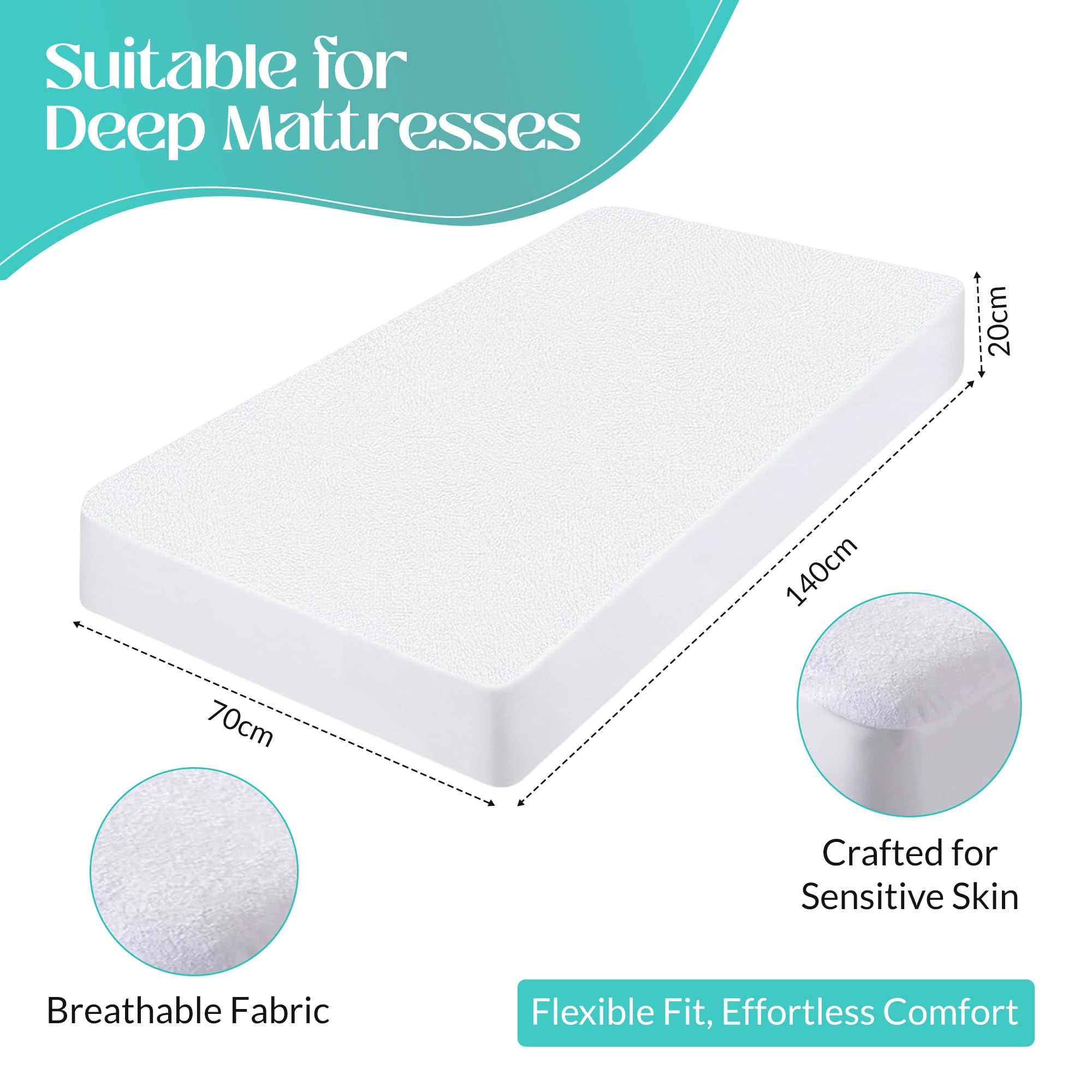 Sasma Home - Cot Bed Mattress Protector 70x140 - Toddler Mattress Protector - Hypoallergenic, Anti Mite Suitable for Deep Cot Bed Mattress - Noiseless and Waterproof — view 2