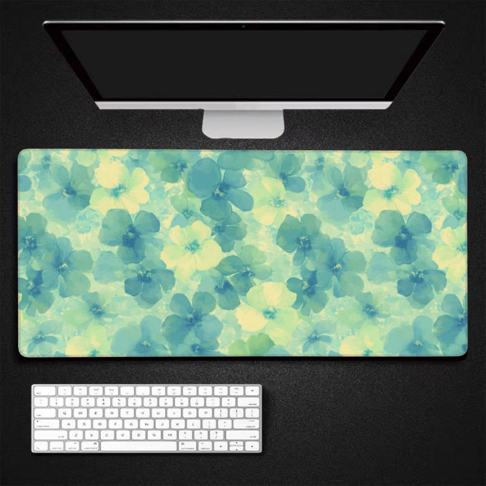 Tapis de Souris XXL 90 x 40 cm, Vert & Fleurs Tapis de Bureau G686