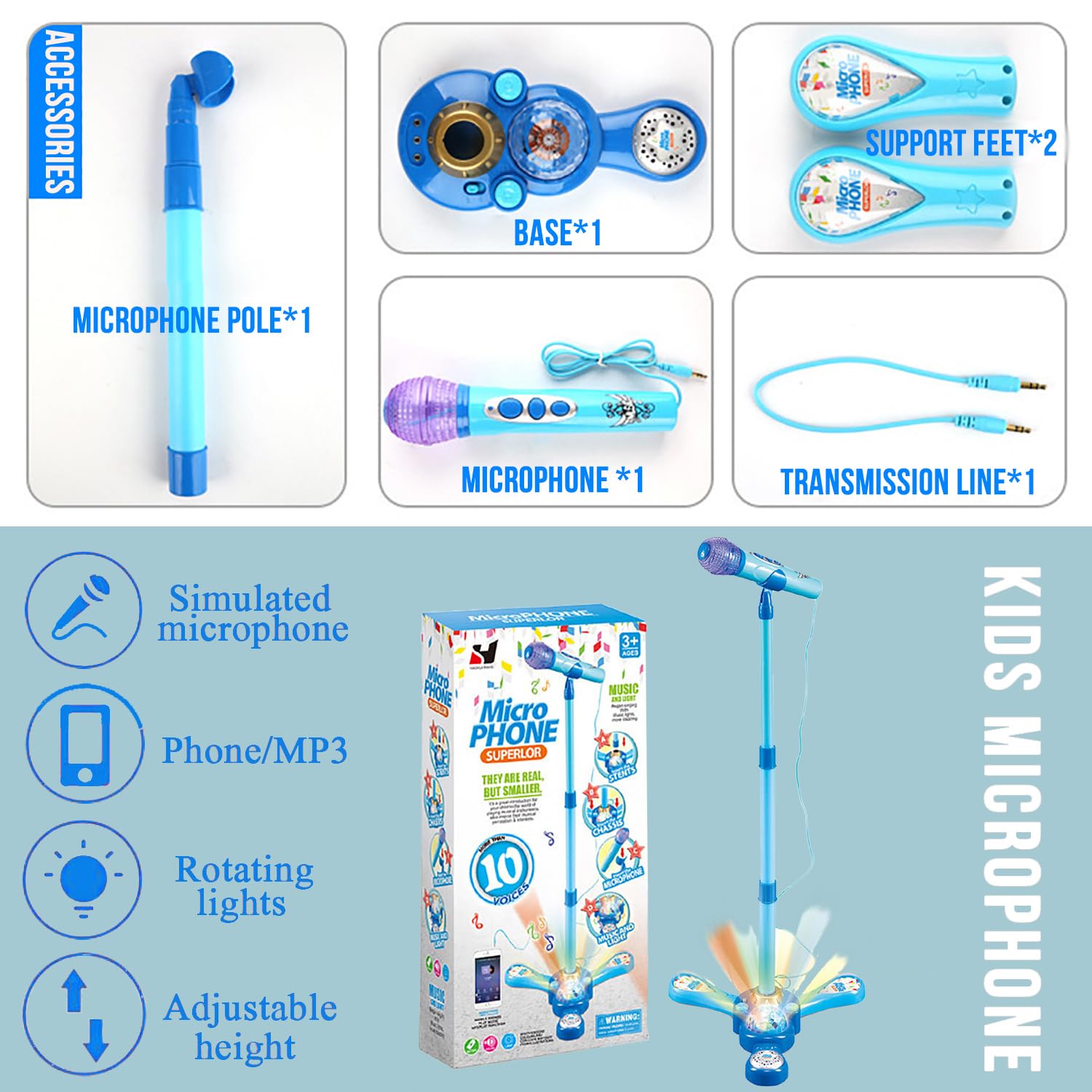 Máquina de karaoke para niños con soporte ajustable, micrófono para niños, música cantando junto con luz intermitente de escenario y pedales, regalo para niños (azul) 4
