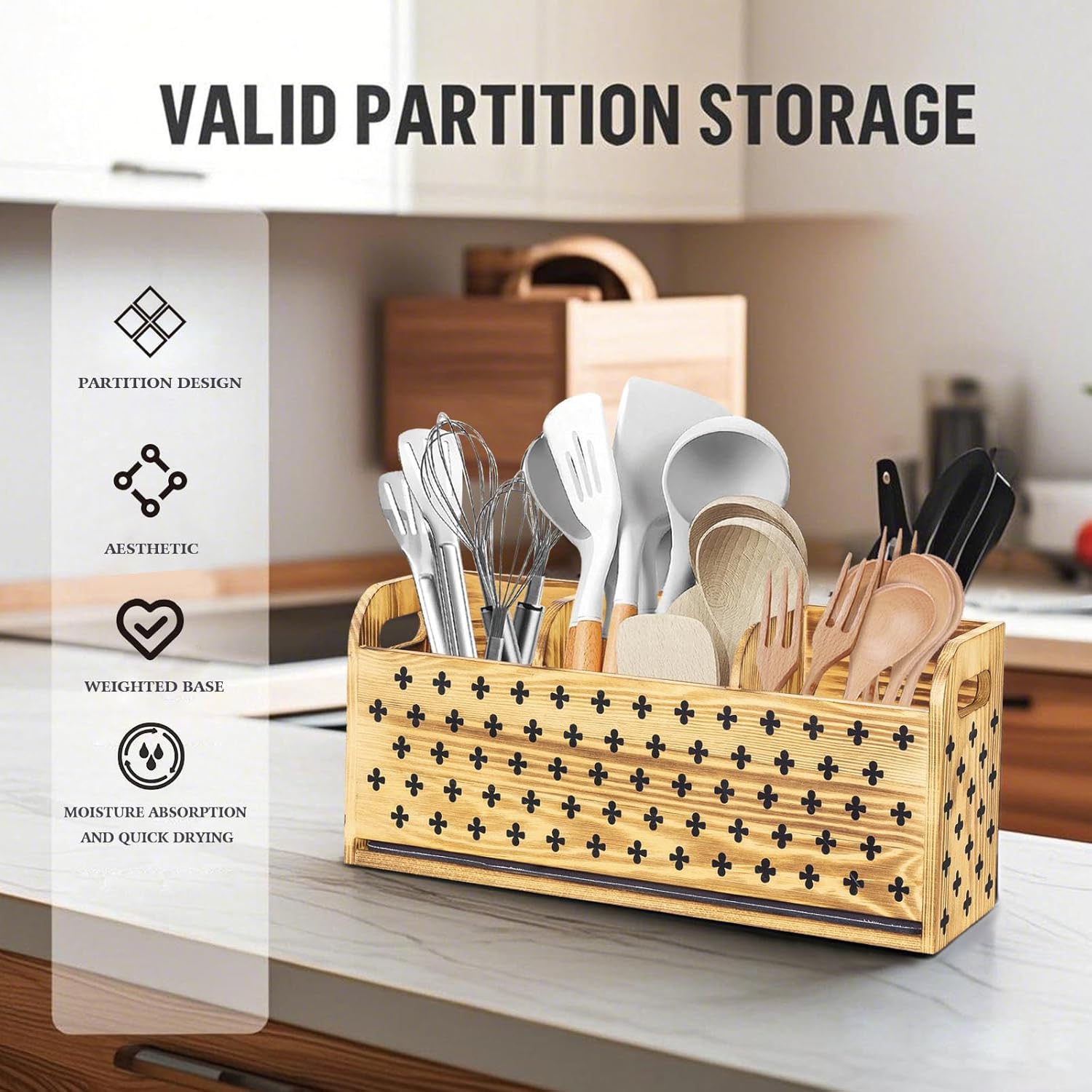 Kitchen Wooden Utensil Holder for Kitchen Countertop Decor 3 Compartments Farmhouse Indoor Utensil Organizer with Removable Absorbent Cushions (Clover)