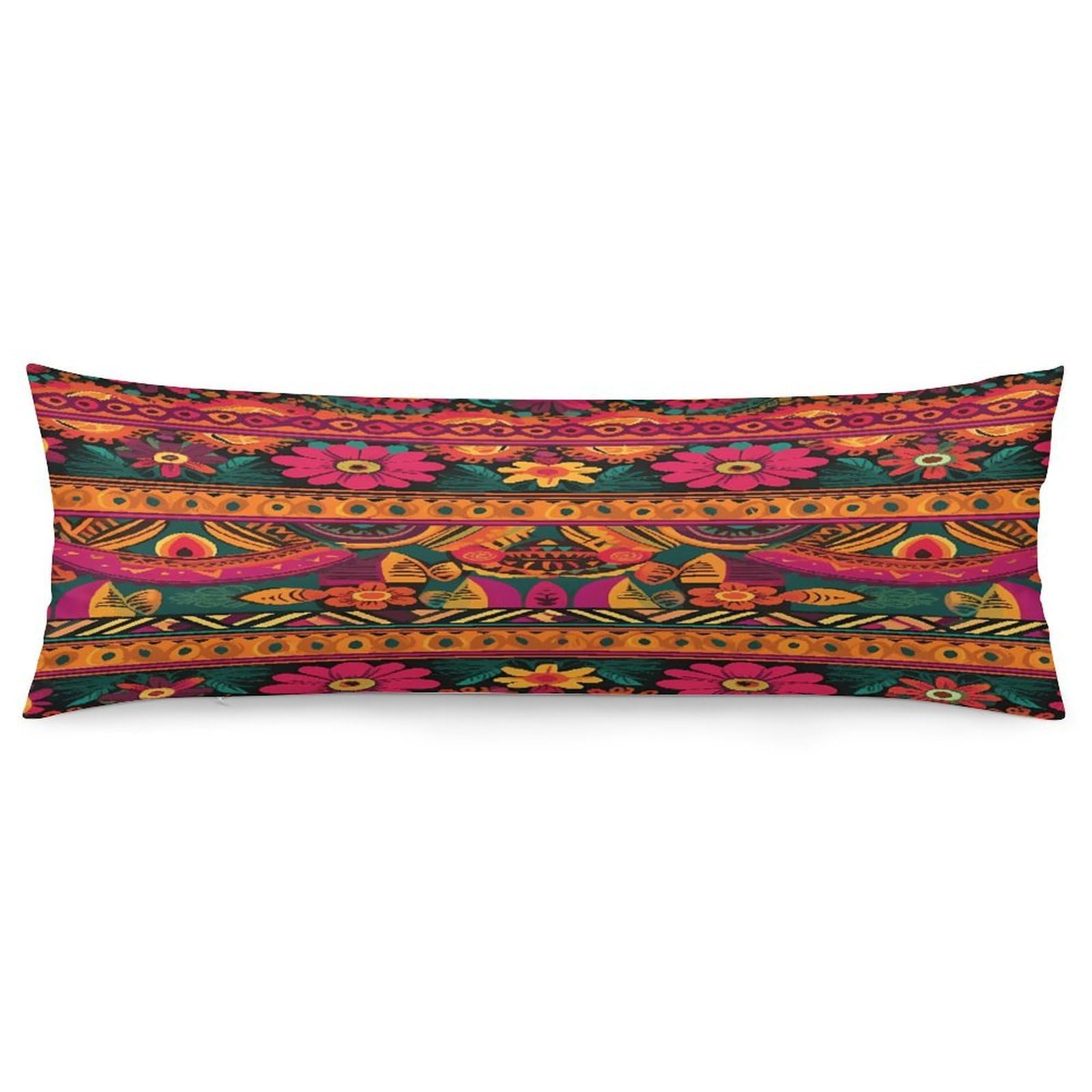 Mexican Folk Art Boho Pillowcase Basics Body Pillow Pillowcase with Zipper Retro Pillows Protector Long Pillow Case Cover for Hot Sleepers and Night Sweats
