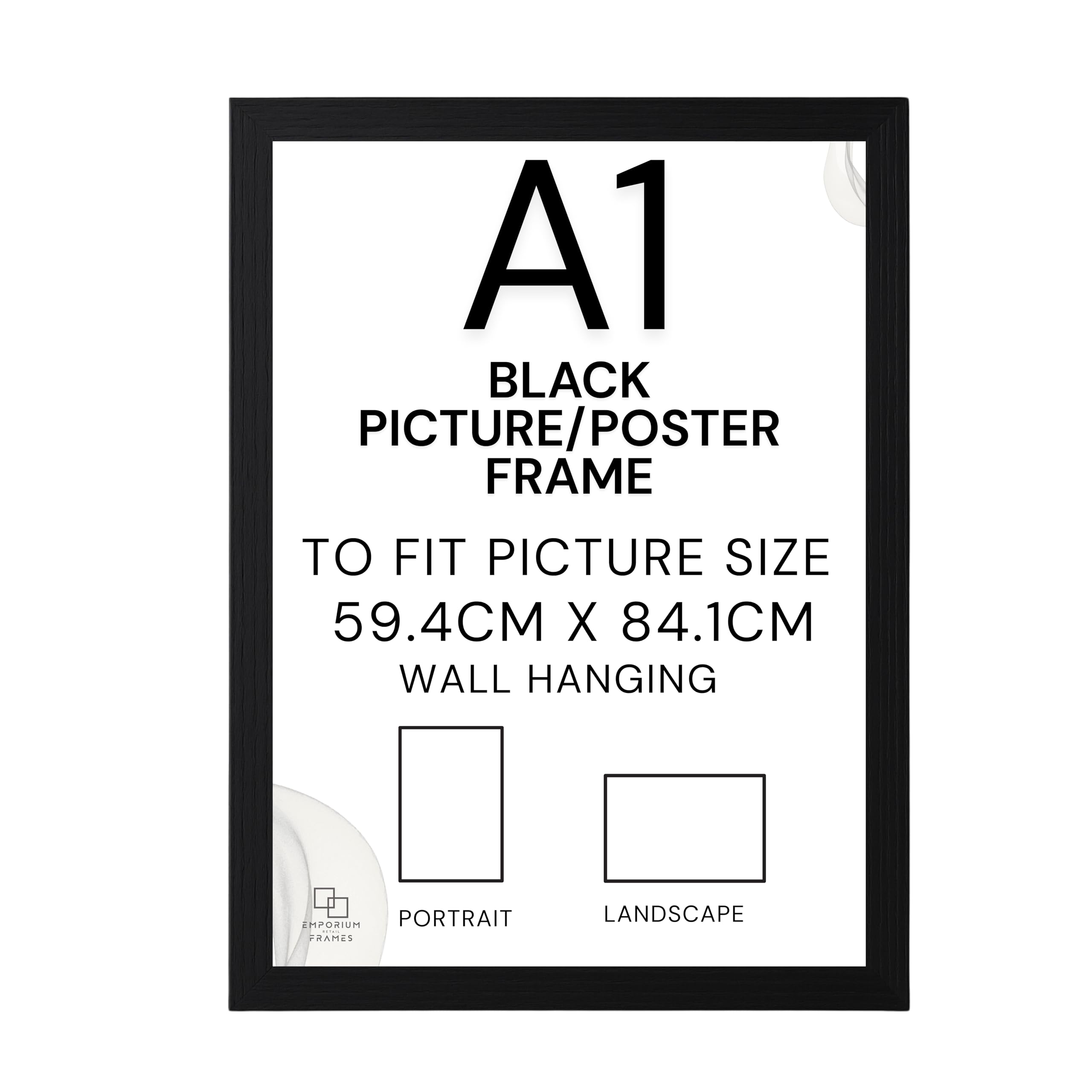 EMPORIUM RETAIL FRAMES Black A1 Picture Frame - A1 Black Photo Frame Wood, Styrene Acrylic Glass, MDF Back & Hooks - Portrait or Landscape - Ideal for Gallery Wall Decorations - 59.4 x 84.1 cm