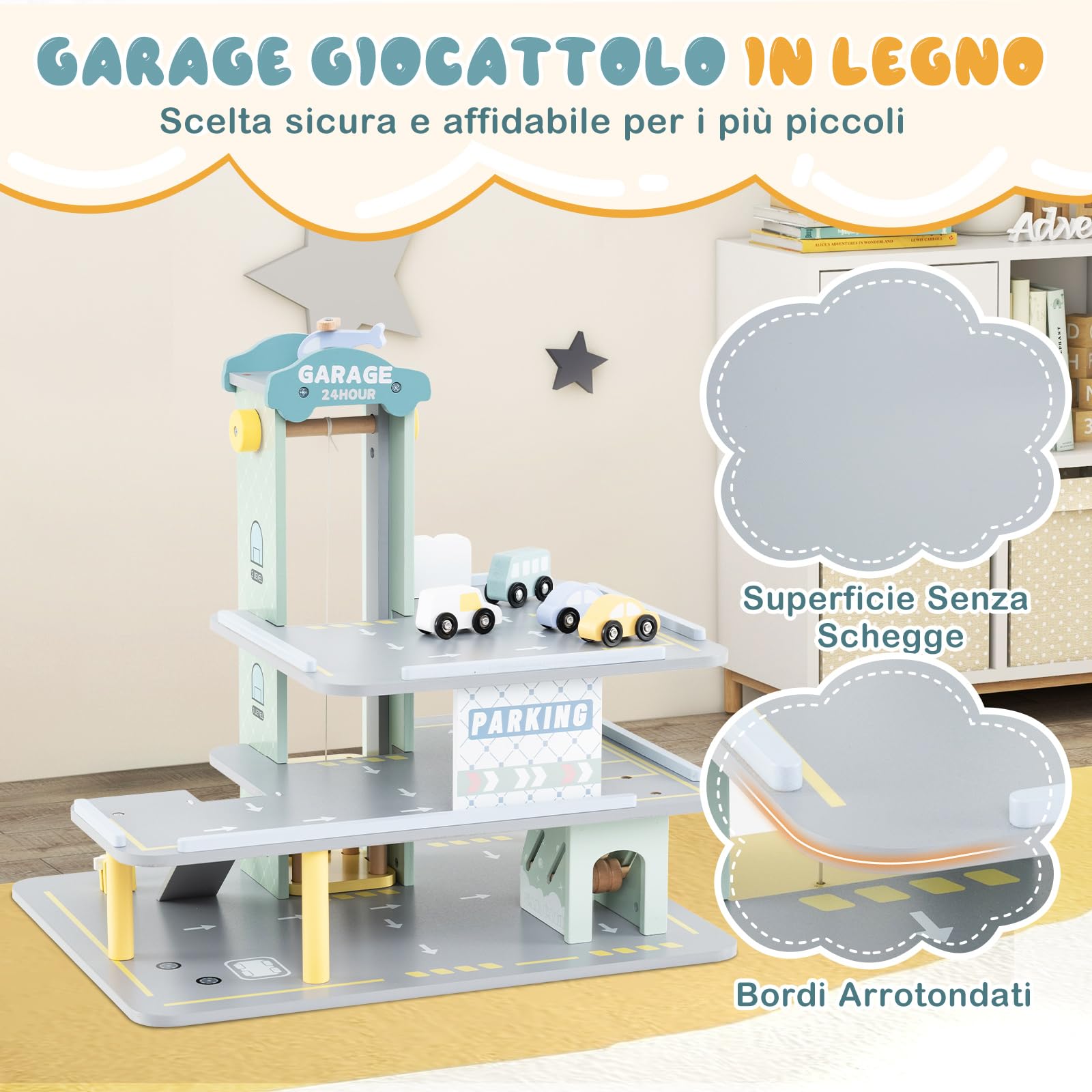 RELAX4LIF Garage per Bambini con 4 Macchinine e 1 Elicottero, Garage di Parcheggio a 3 Piani con Ascensore, Autolavaggio e Distributore di Benzina