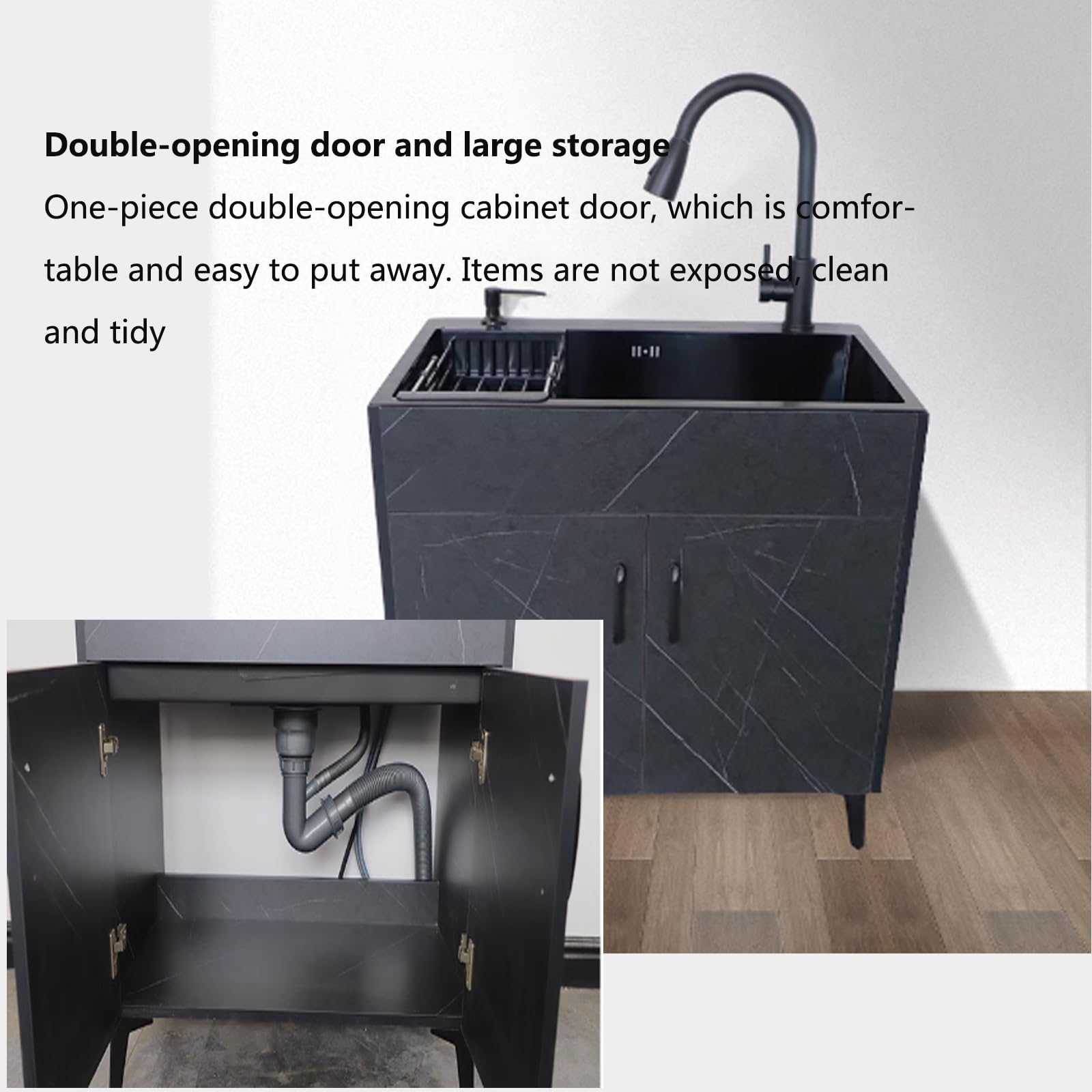 Waschbeckenunterschrank Modern Badmöbel Set Aufbewahrungsschrank + Waschbecken, Badezimmerschrank mit Edelstahl Spülbecken(780X430mm/30.7X16.9in,Black)