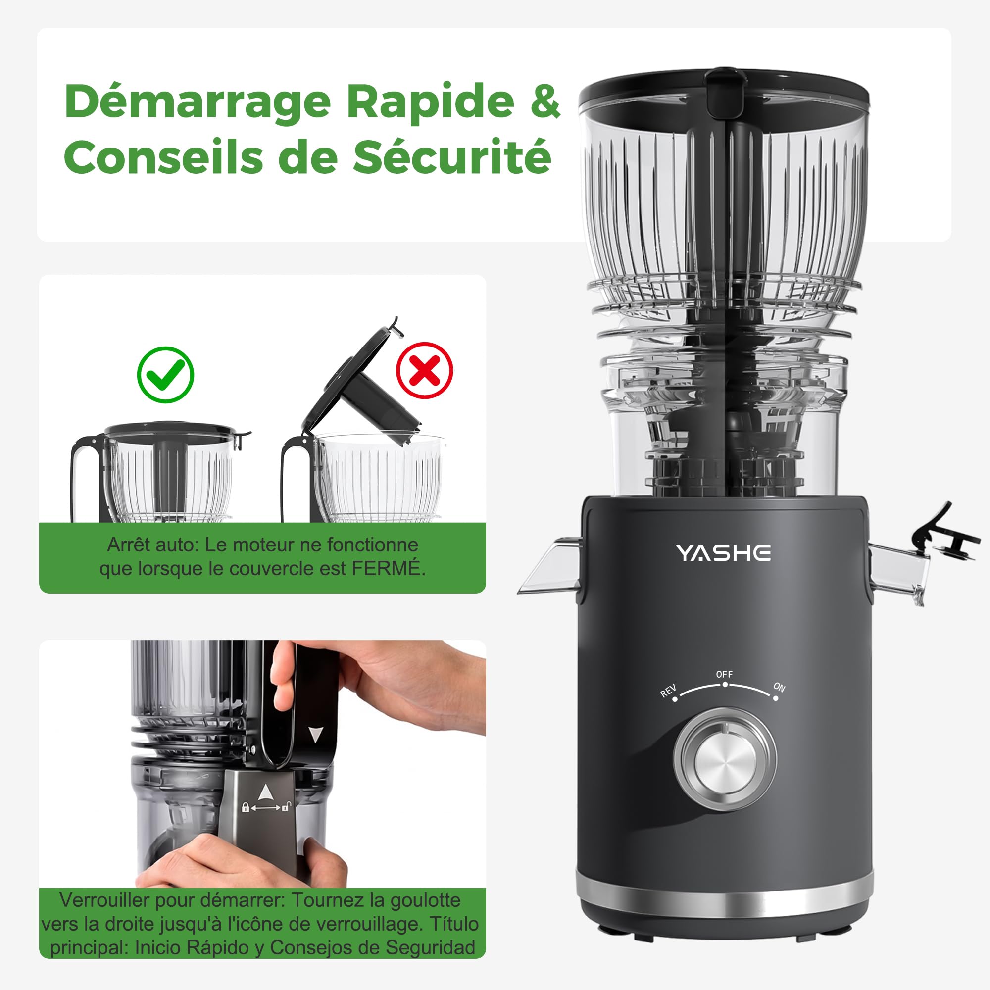 YASHE Extracteur de Jus Lent 300W, Goulotte 148 mm pour Fruits et Légumes Entiers, Slow Juicer avec Fonction Inverse, Moteur Silencieux, Sans BPA, Nettoyage Facile