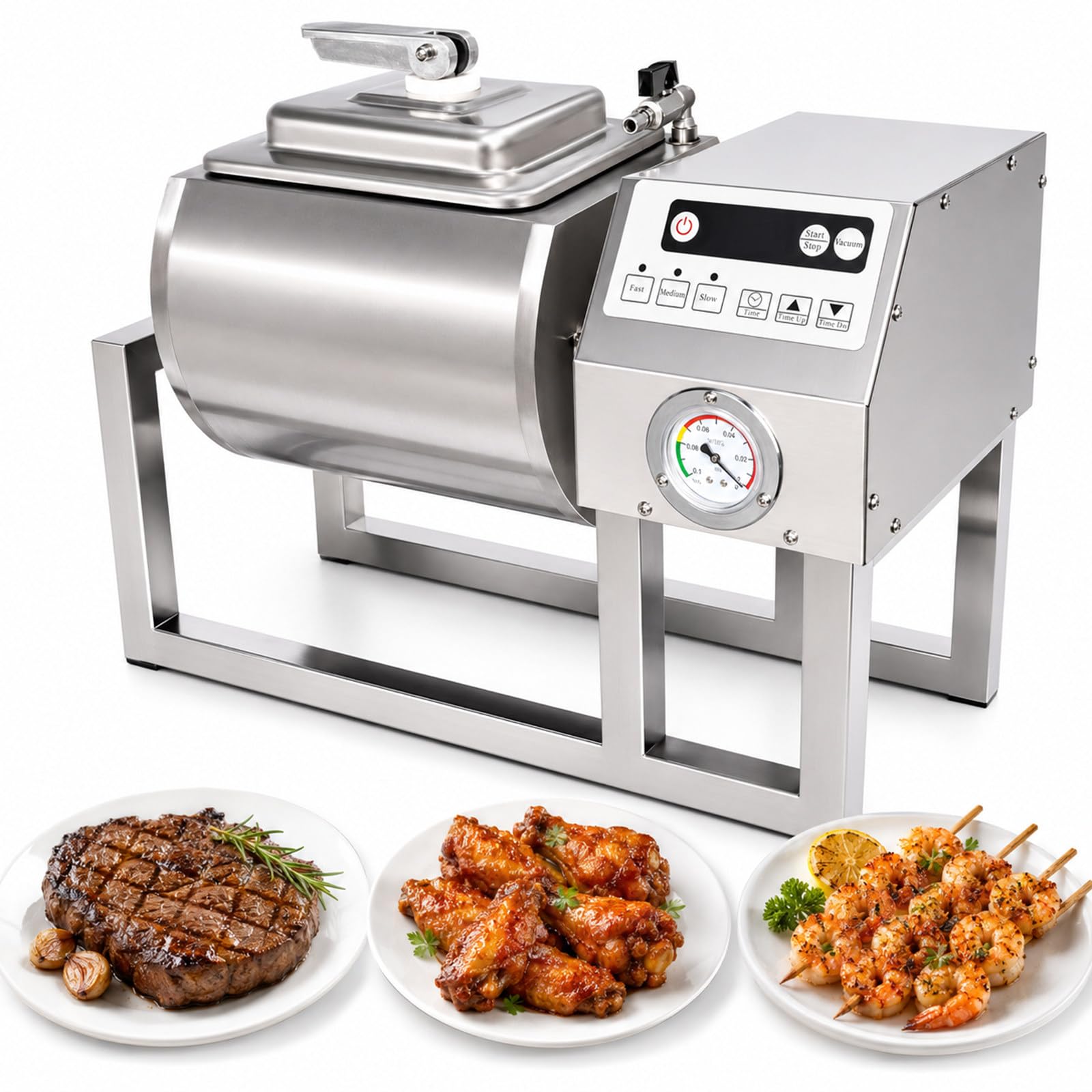 Maszyna do marynowania mięsa 18 L, automatyczny marynator próżniowy z timerem, 3 prędkościami i ramą inox do burgerowni, kebaba, cateringu i kuchni BBQ