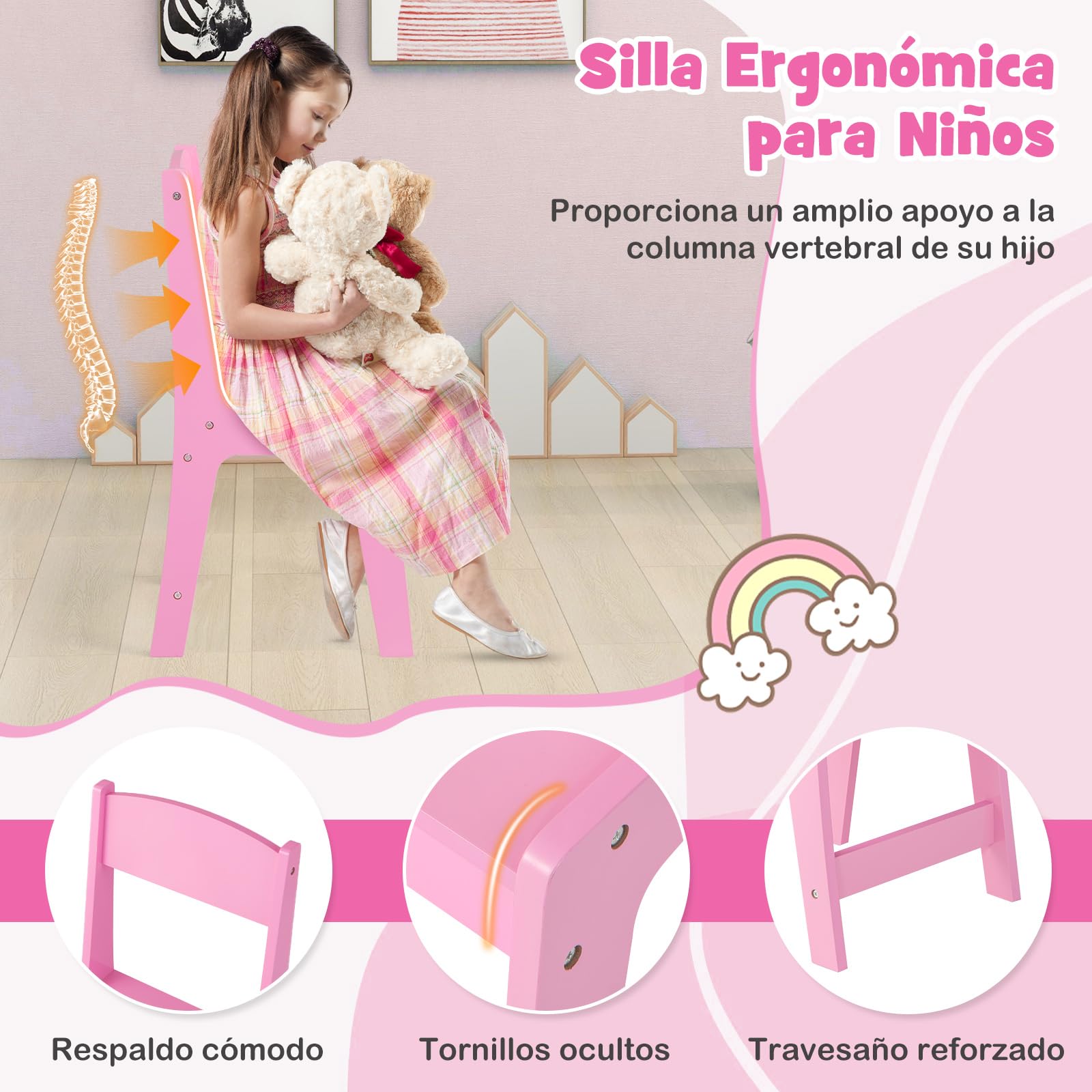 COSTWAY Tocador de Maquillaje Niña con Silla, 2 en 1 Mesa de Maquillaje con Espejo Plegable y Removible, 4 Contenedores de Almacenamiento, Mesa Tocador Infantil de Madera (Rosa, con cajones)