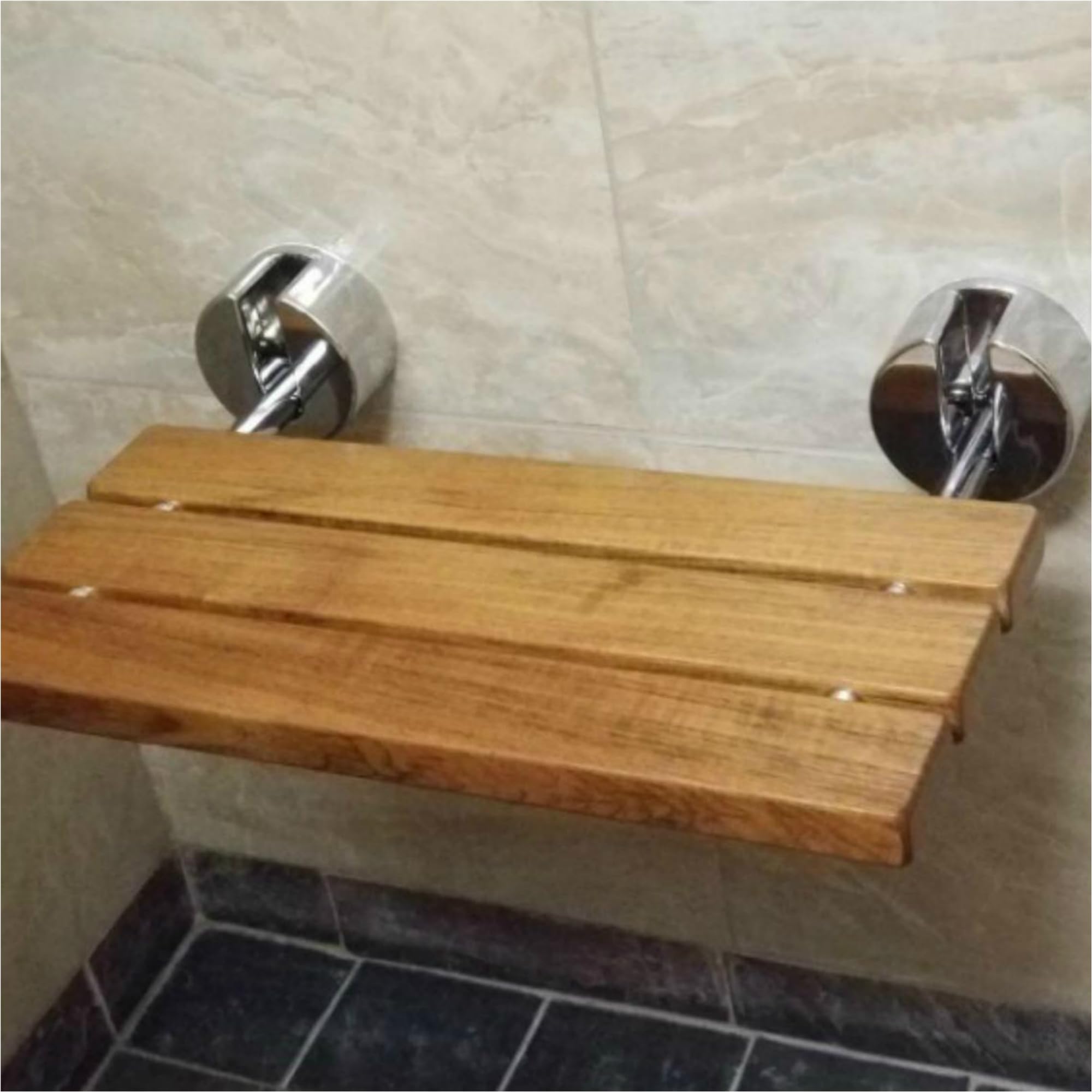 Nowoczesne składane siedzisko prysznicowe z drewna tekowego 50 cm – oszczędność miejsca, montowana na ścianie, ławka łazienkowa, idealna do spa, wanny i łazienki, trwała i stylowa, idealna do małych