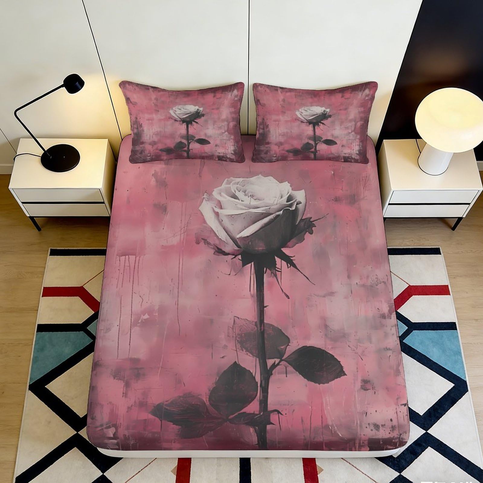 Pnayamiorkfel Style-7 3D Printed Pink Rose Fitted Sheet Microfiber Soft Anti-Slip Romantic Flower Bed Cover For Bedroom Guest Room Decor 90X200x25cm