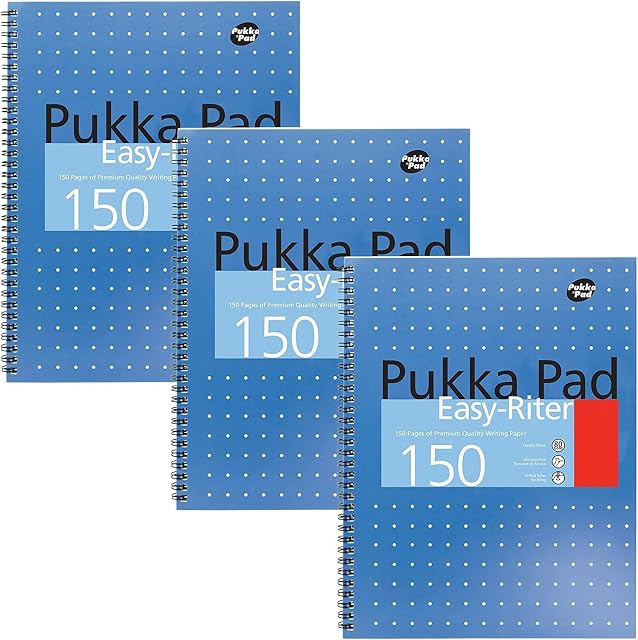Pukka Pad, Easy-Riter A4 Notebook 3-Pack  Twin Wirebinding with 150 Pages of 80GSM Paper, Perforated Edges, and 4 Hole-Punch Compatibility  29.3 x 27cm