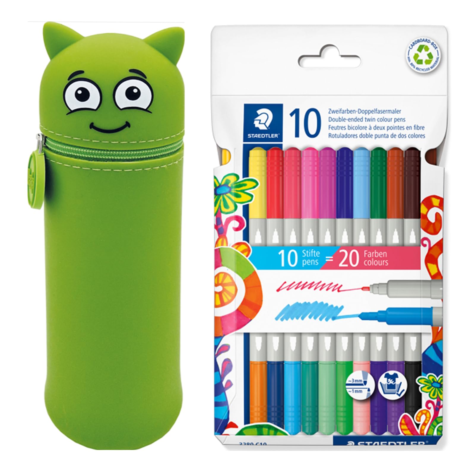MARKY Pencil Case in Emoji Design in Green, Soft and Wear-Resistant Silicone, Includes 10 STAEDTLER Twin Colour Double Felt Pens, Two Tip Pens with Two Colours, Line Widths 3 mm and 1 mm