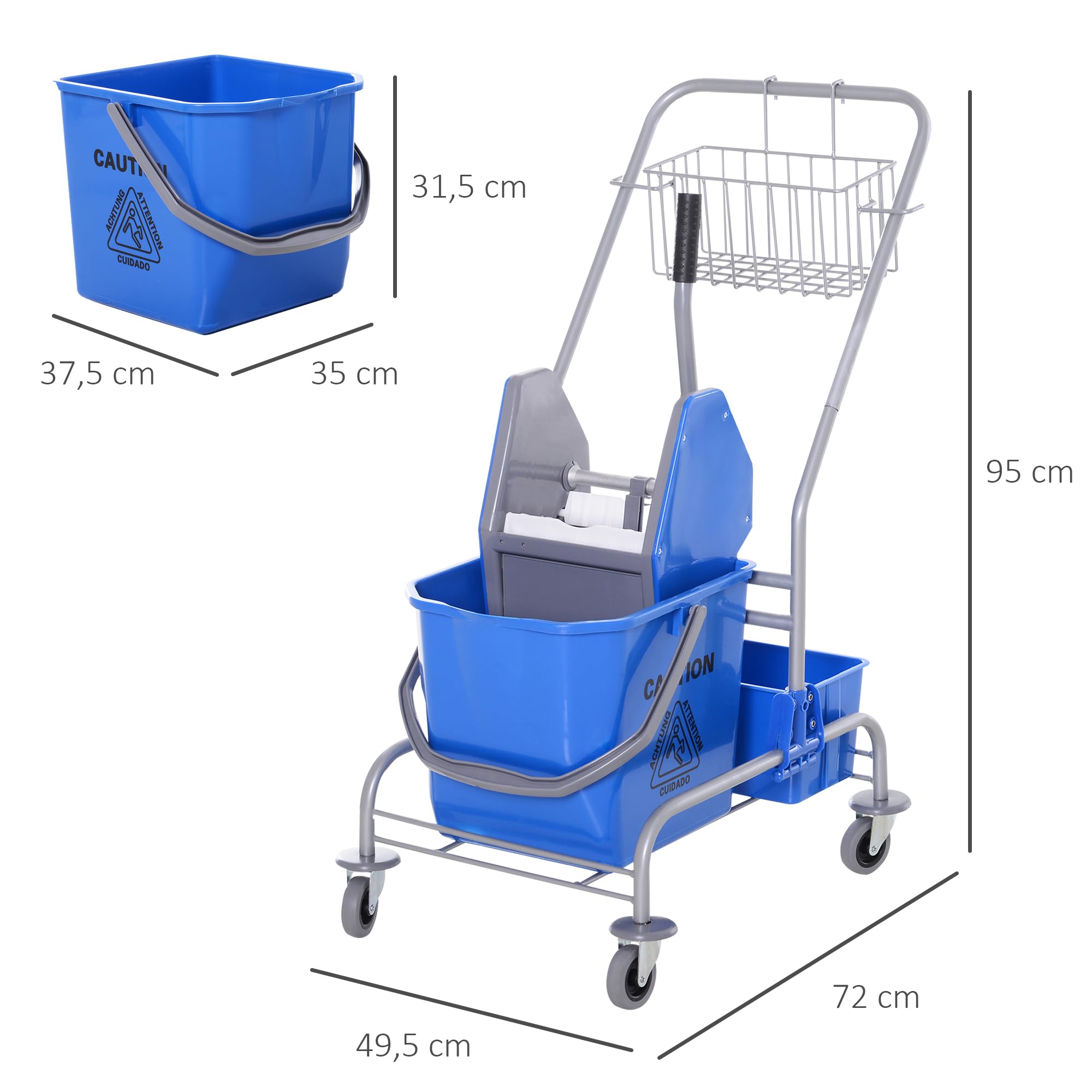HOMCOM Chariot de Nettoyage Seau Roulant 25 L Essoreuse Crochet Serrière 4 Roulettes Bleu