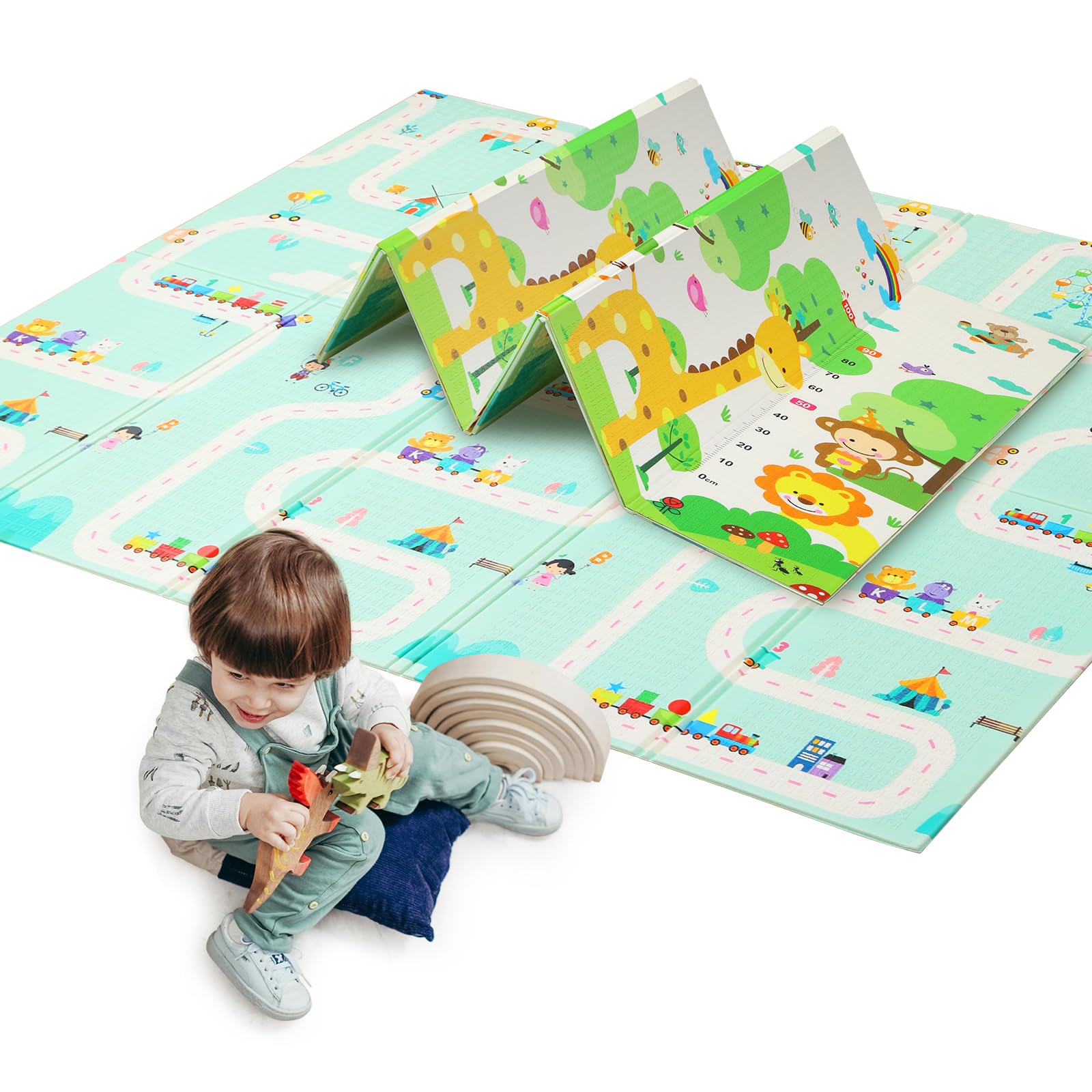 Baby Play Mat, 180×150 cm, Foldable Kids Playmat, Baby Crawling Mat for Toddlers & Infants, Waterproof Reversible Foam Mat, Large Anti- Slip Playpenmat (180 * 150 cm, Rainbow & Track)
