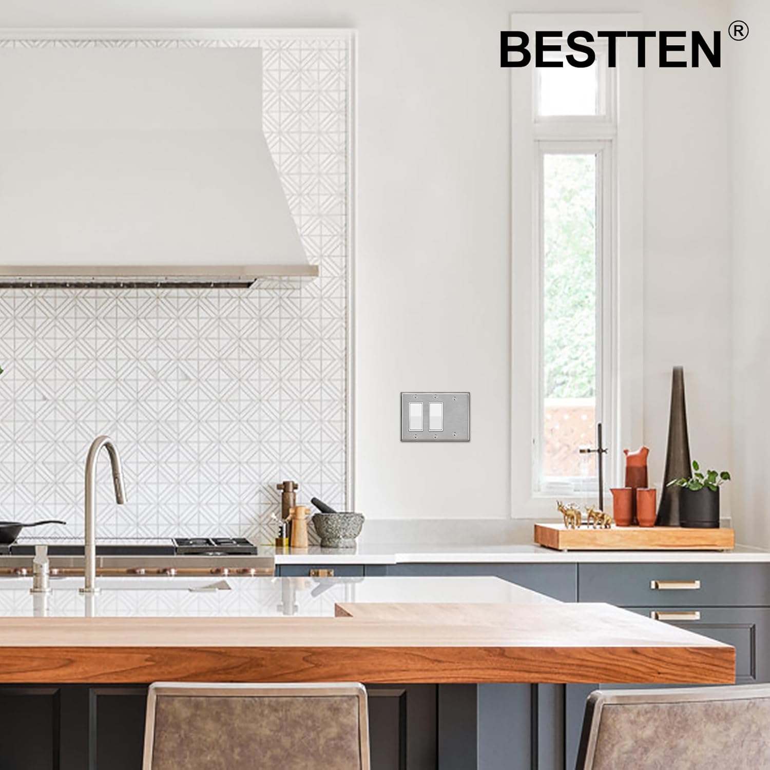 [2 Pack] BESTTEN 3-Gang Combination Metal Wall Plate with Ｗhite or Clear Plastic Film, 2-Decorator/1-Blank, Corrosion-Resistant Stainless Steel Outlet and Switch Cover, Brushed Finish
