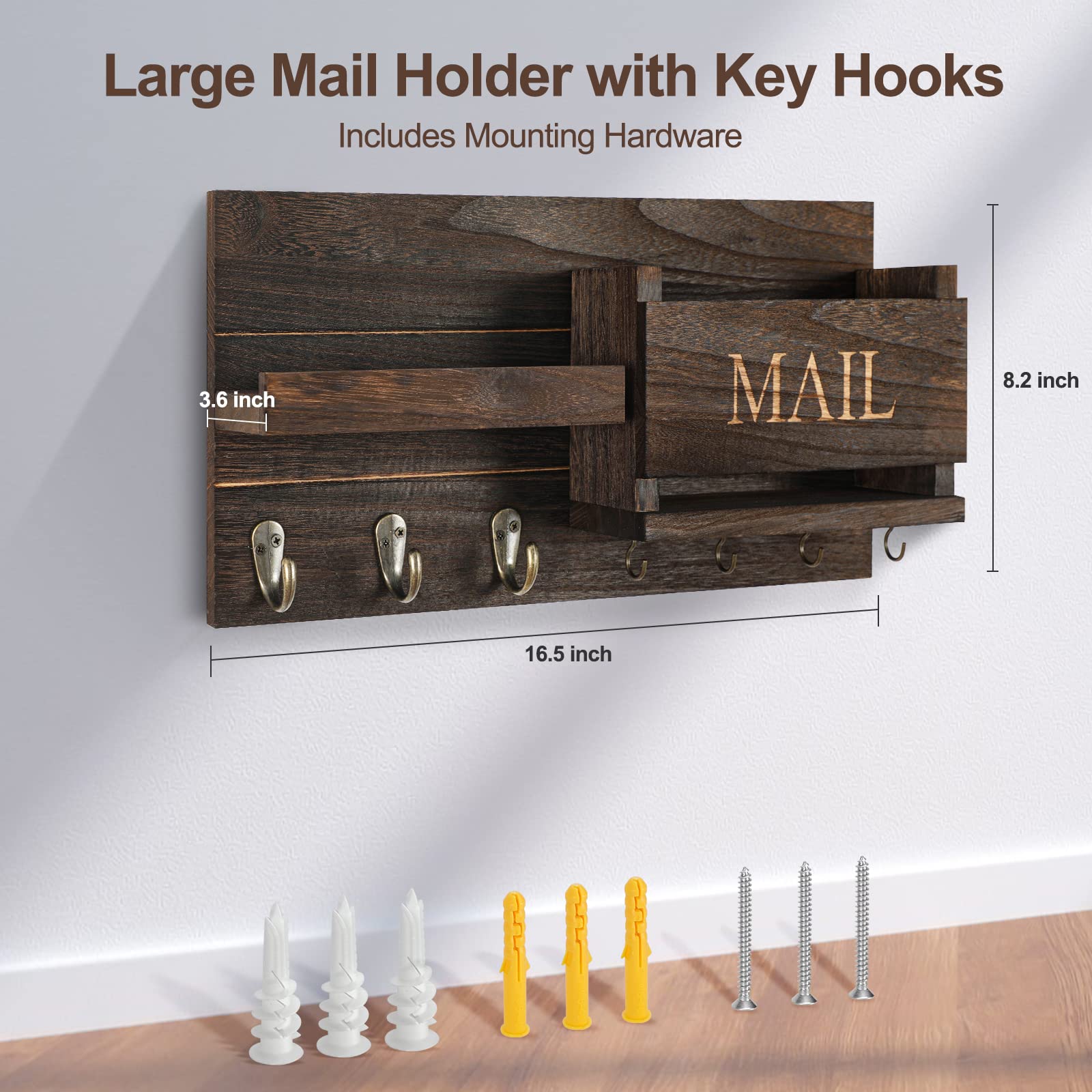 Lwenki Post-Organizer für die Wandmontage, Schlüsselhalter mit Ablage inklusive Briefhalter und Haken für Flur, Bauernhaus-Dekor, rustikales Holz mit bündiger Montage (41,9 x 23,1 x 8,6 cm) (braun)