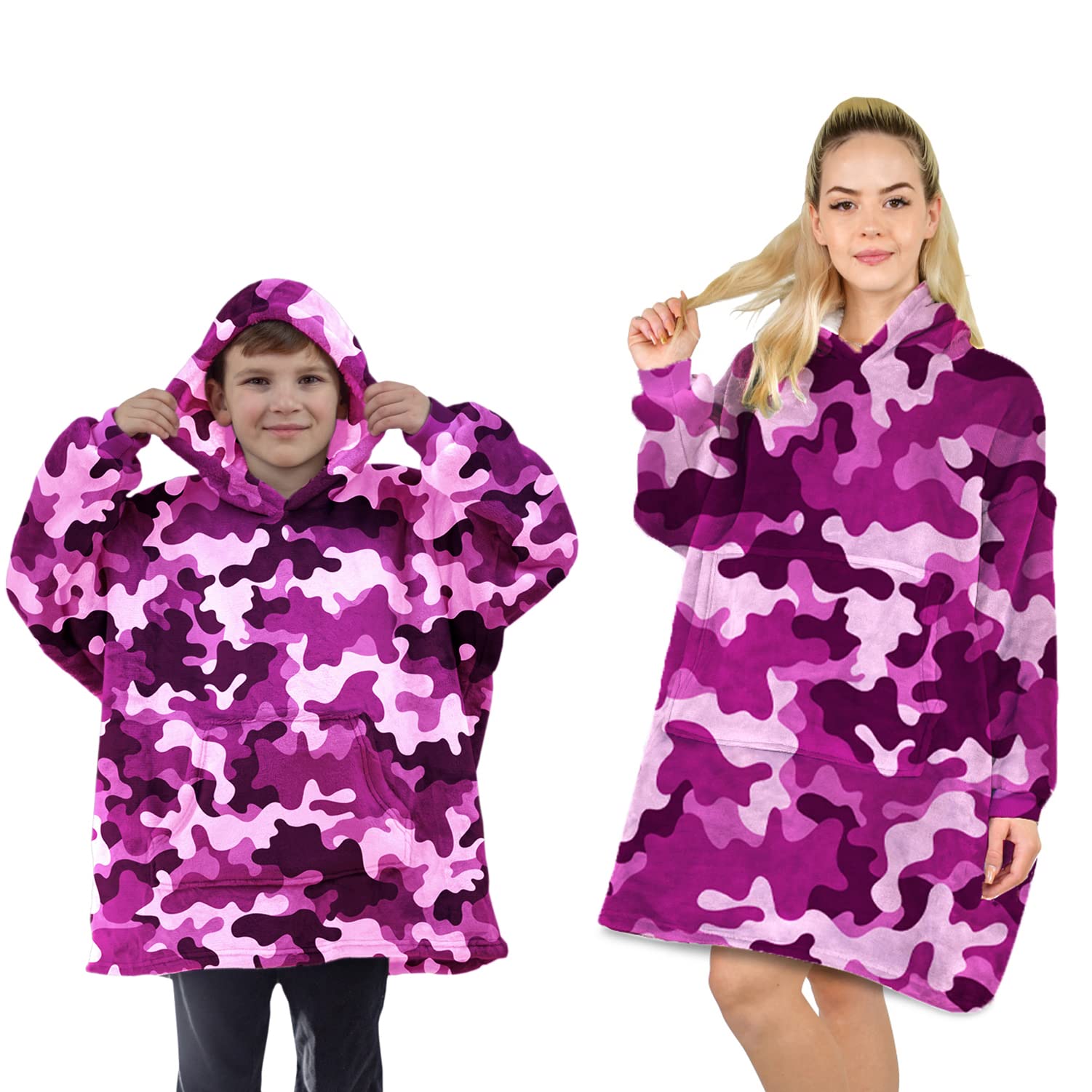 ALLEN & MATE Hoodie Blanket Ultra Soft Warm Cosy Sherpa Fleece Oversized Sweatshirt for Boys Girls Teens Women Men Adults (Pink Camo, 9-14 Years)