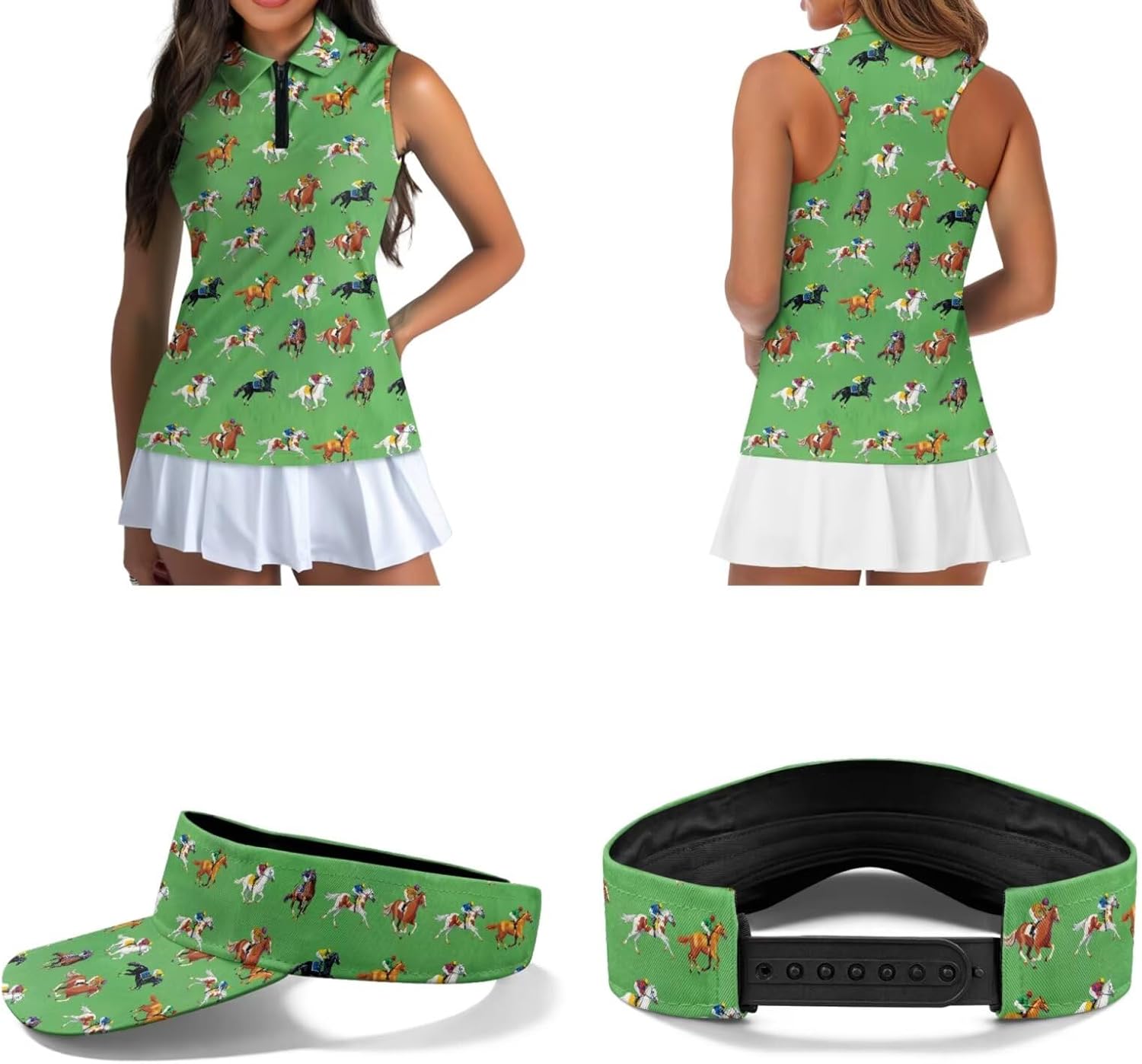 POLERO Horse Race Golf Shirt Derby Women's Sleeveless Golf Tops and Sun Visor Set Collared Tennis Wear