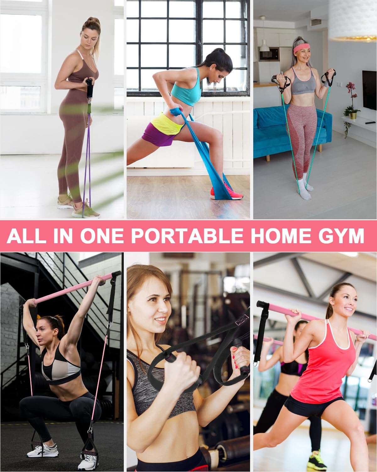 Fitnessbänder Pilates Bar Set mit 6 Widerstandsbänder (20/25/30 Lbs) Verstellbare Resistance Bands Pilates Stange, Fitnessband mit Türanker, Griffe, Knöchelriemen, Pilates Set für Home Gym Yoga